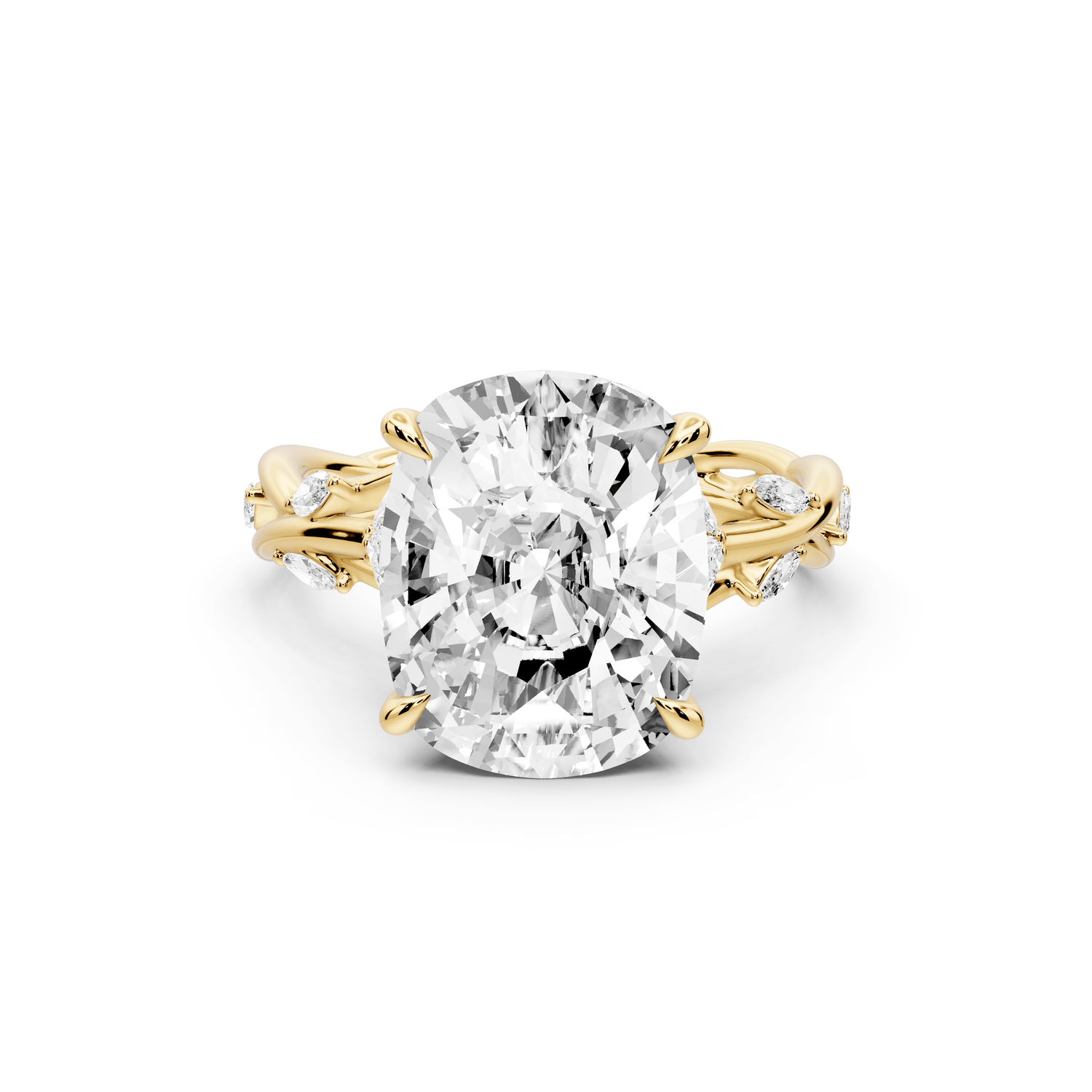 Sarah - 5ct 18k yellow gold Ecushion Nature-Inspired Engagement Ring with Sculpted Vine and Leaf Side Stones - Mr. Alex Jewelry