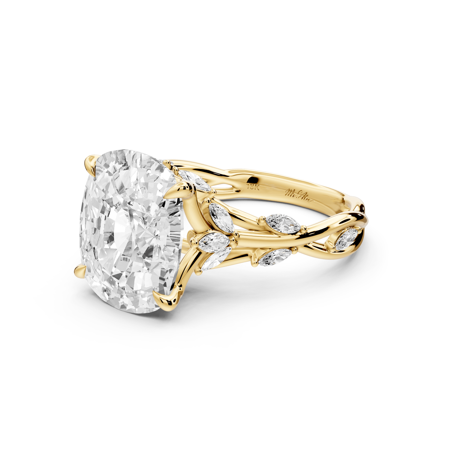 Sarah - 5ct 18k yellow gold Ecushion Nature-Inspired Engagement Ring with Sculpted Vine and Leaf Side Stones - Mr. Alex Jewelry