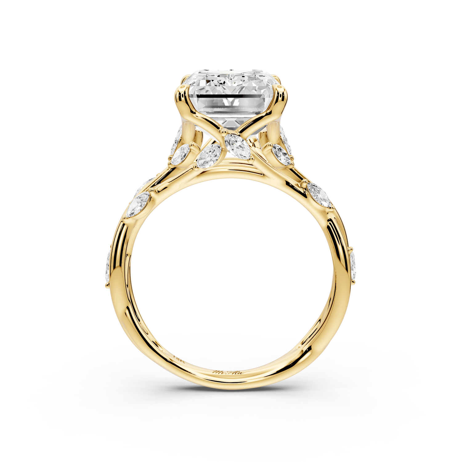 Sarah - 5ct 18k yellow gold Emerald Nature-Inspired Engagement Ring with Sculpted Vine and Leaf Side Stones - Mr. Alex Jewelry
