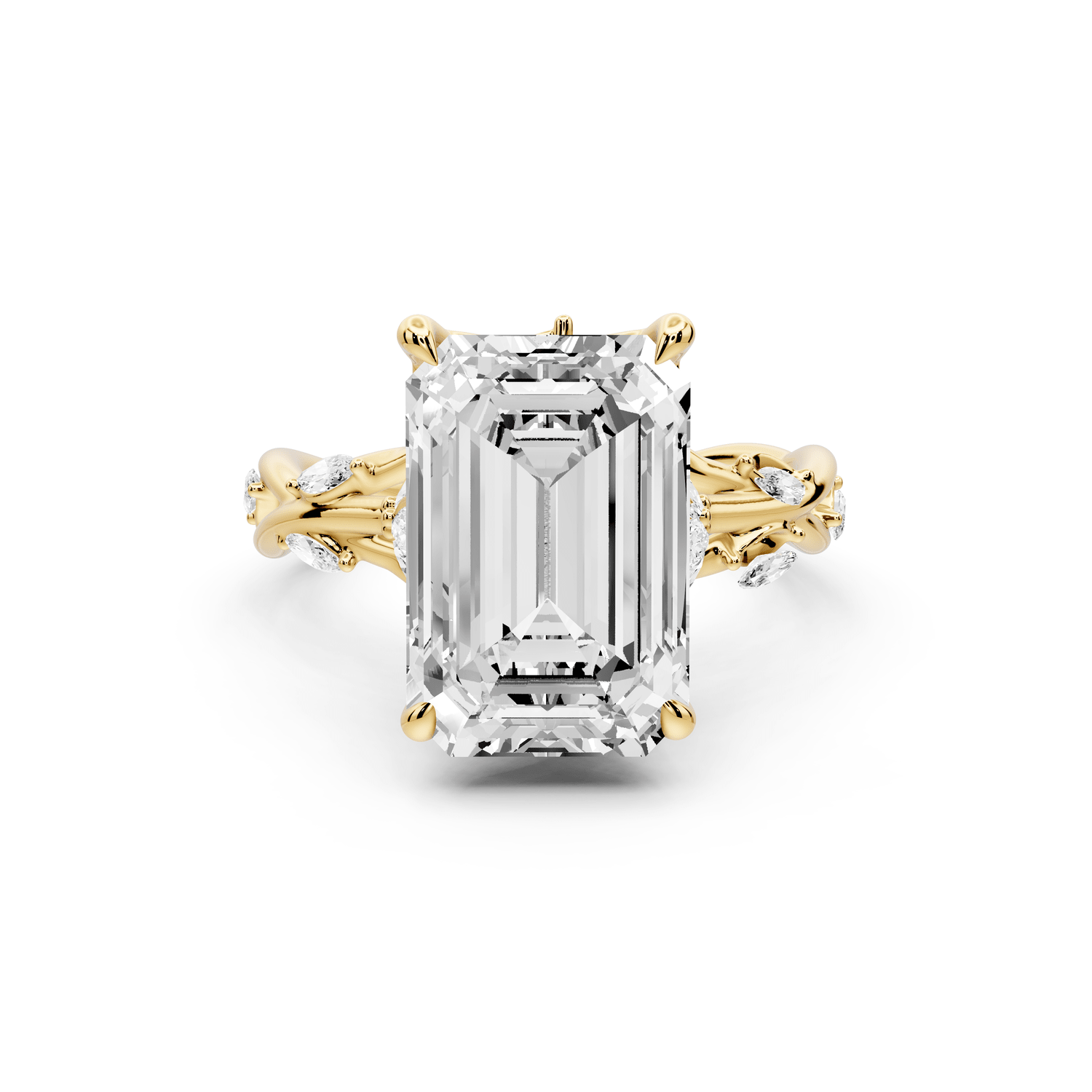 Sarah - 5ct 18k yellow gold Emerald Nature-Inspired Engagement Ring with Sculpted Vine and Leaf Side Stones - Mr. Alex Jewelry