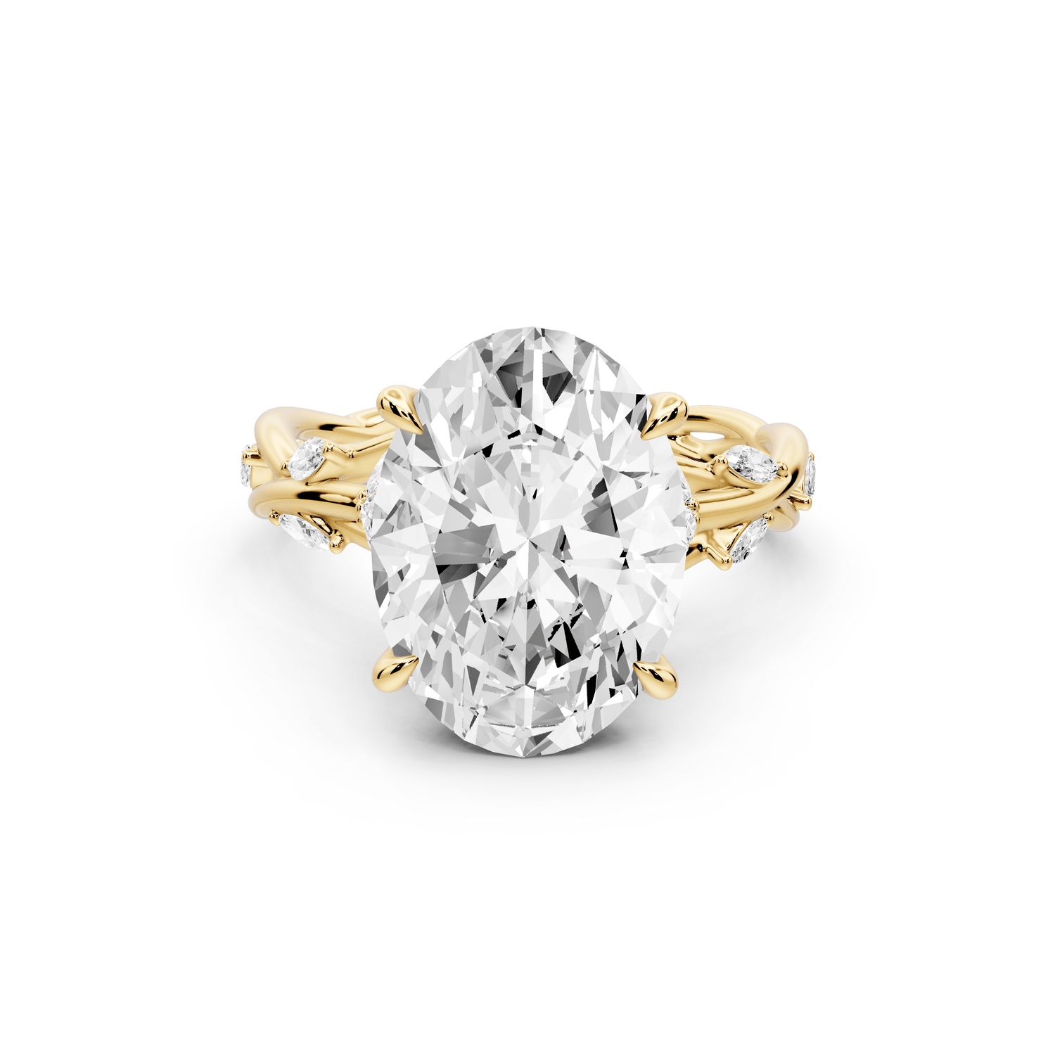 Sarah - 5ct 18k yellow gold Oval Nature-Inspired Engagement Ring with Sculpted Vine and Leaf Side Stones - Mr. Alex Jewelry