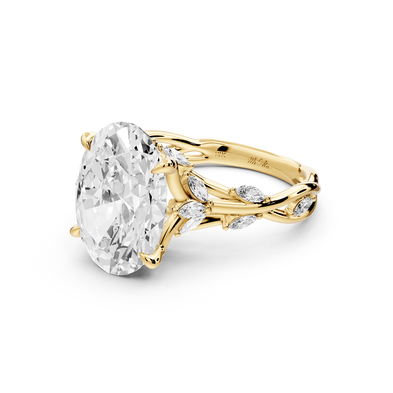 Sarah - 5ct 18k yellow gold Oval Nature-Inspired Engagement Ring with Sculpted Vine and Leaf Side Stones - Mr. Alex Jewelry