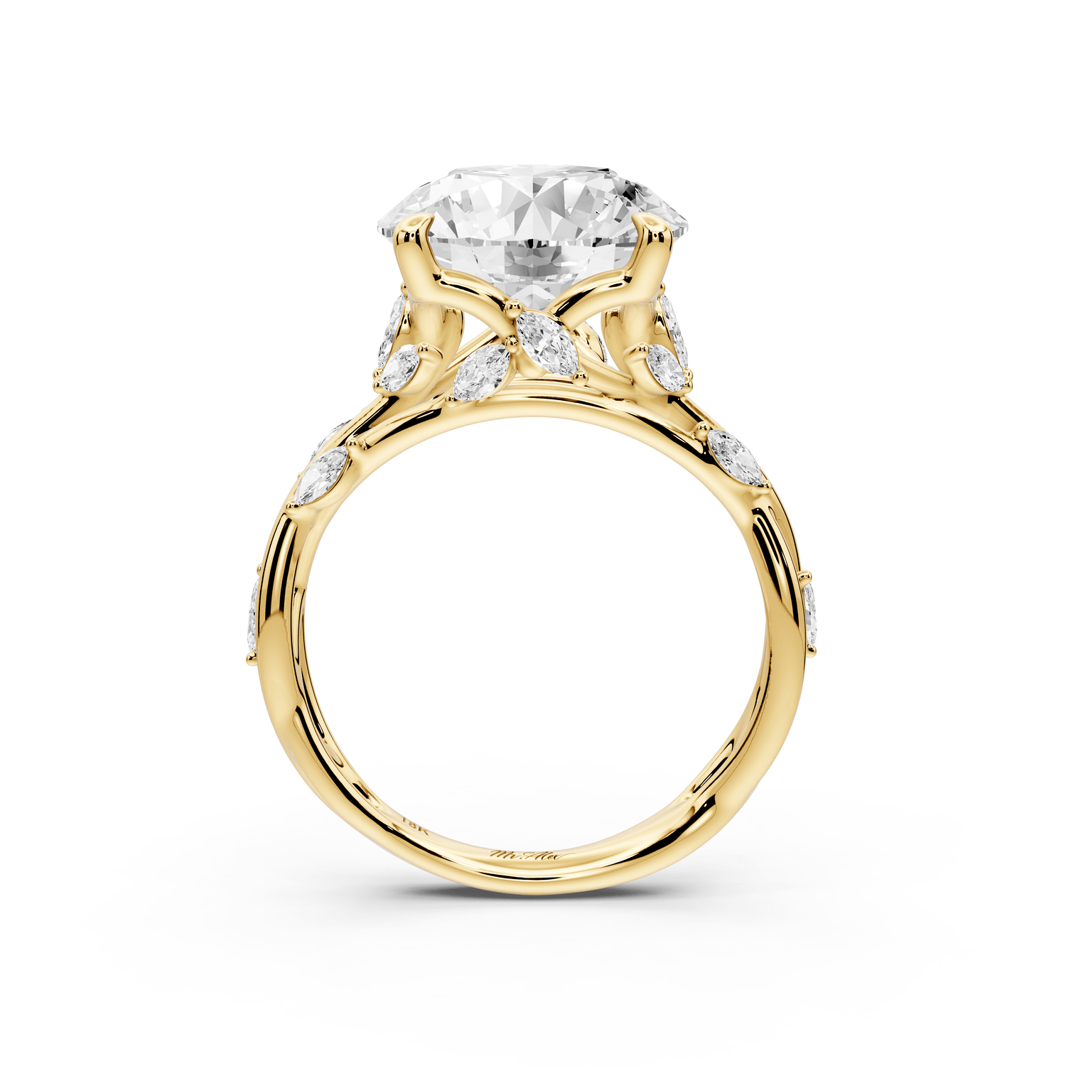 Sarah - 5ct 18k yellow gold Round Nature-Inspired Engagement Ring with Sculpted Vine and Leaf Side Stones - Mr. Alex Jewelry