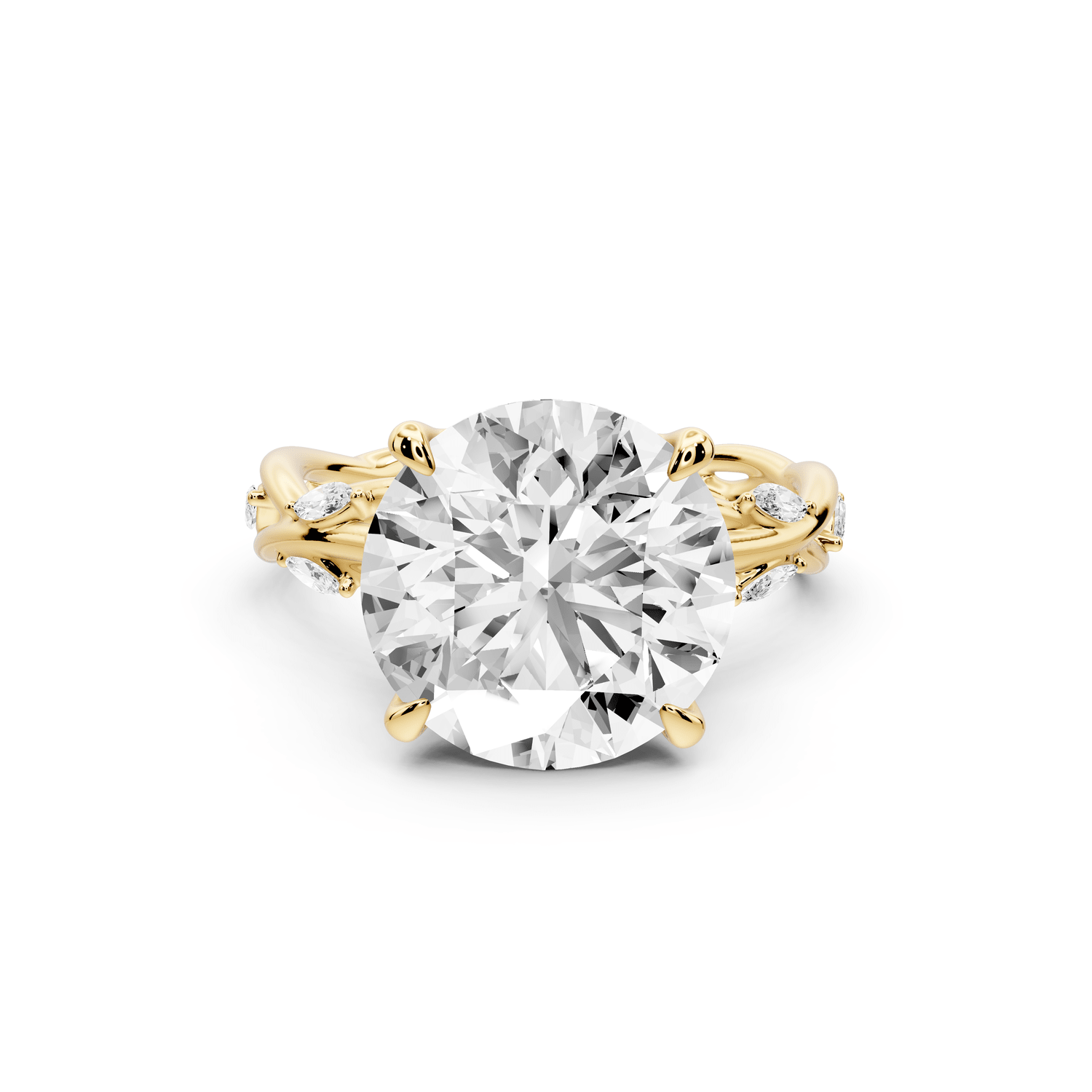 Sarah - 5ct 18k yellow gold Round Nature-Inspired Engagement Ring with Sculpted Vine and Leaf Side Stones - Mr. Alex Jewelry