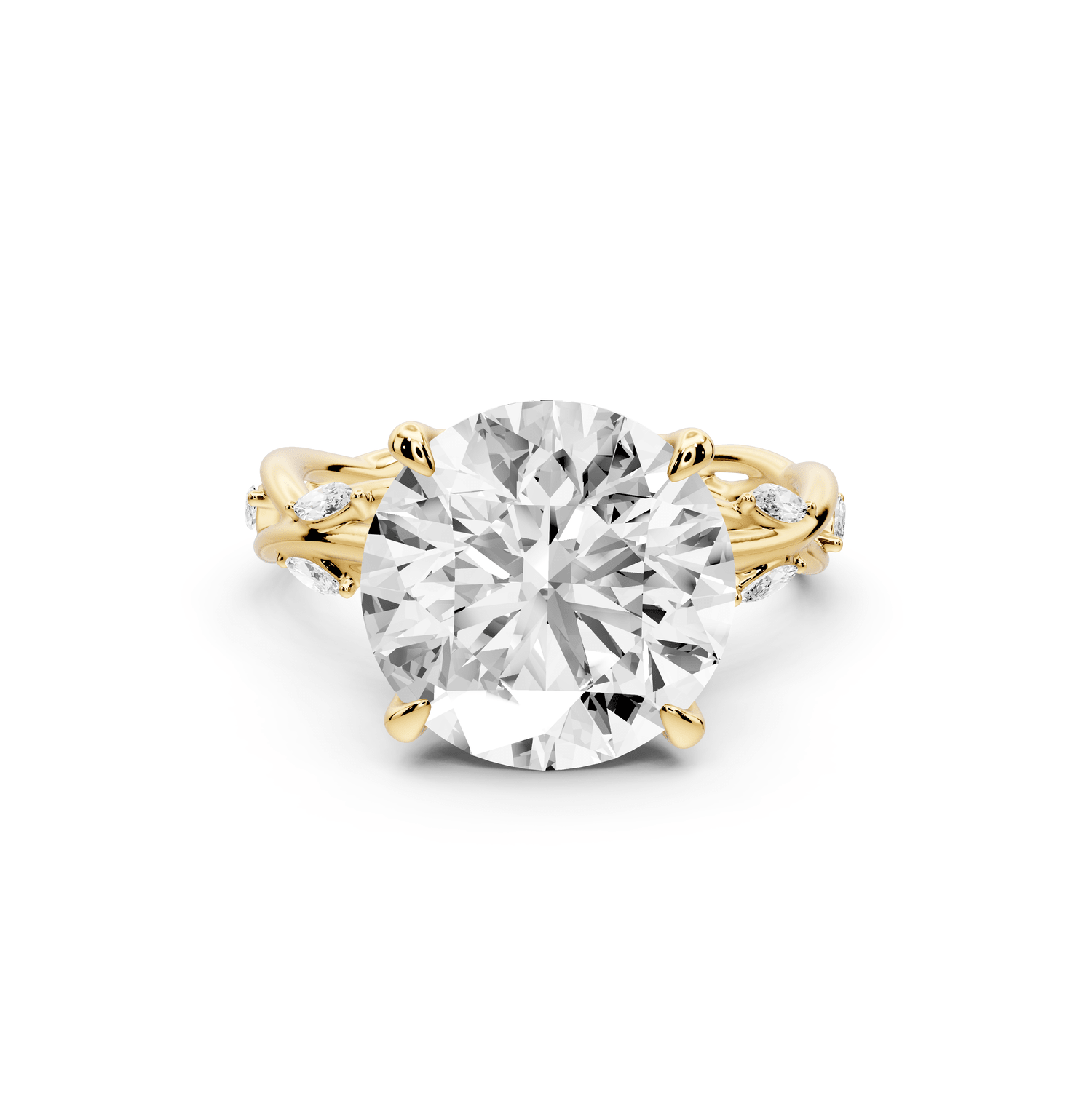 Sarah - 5ct 18k yellow gold Round Nature-Inspired Engagement Ring with Sculpted Vine and Leaf Side Stones - Mr. Alex Jewelry