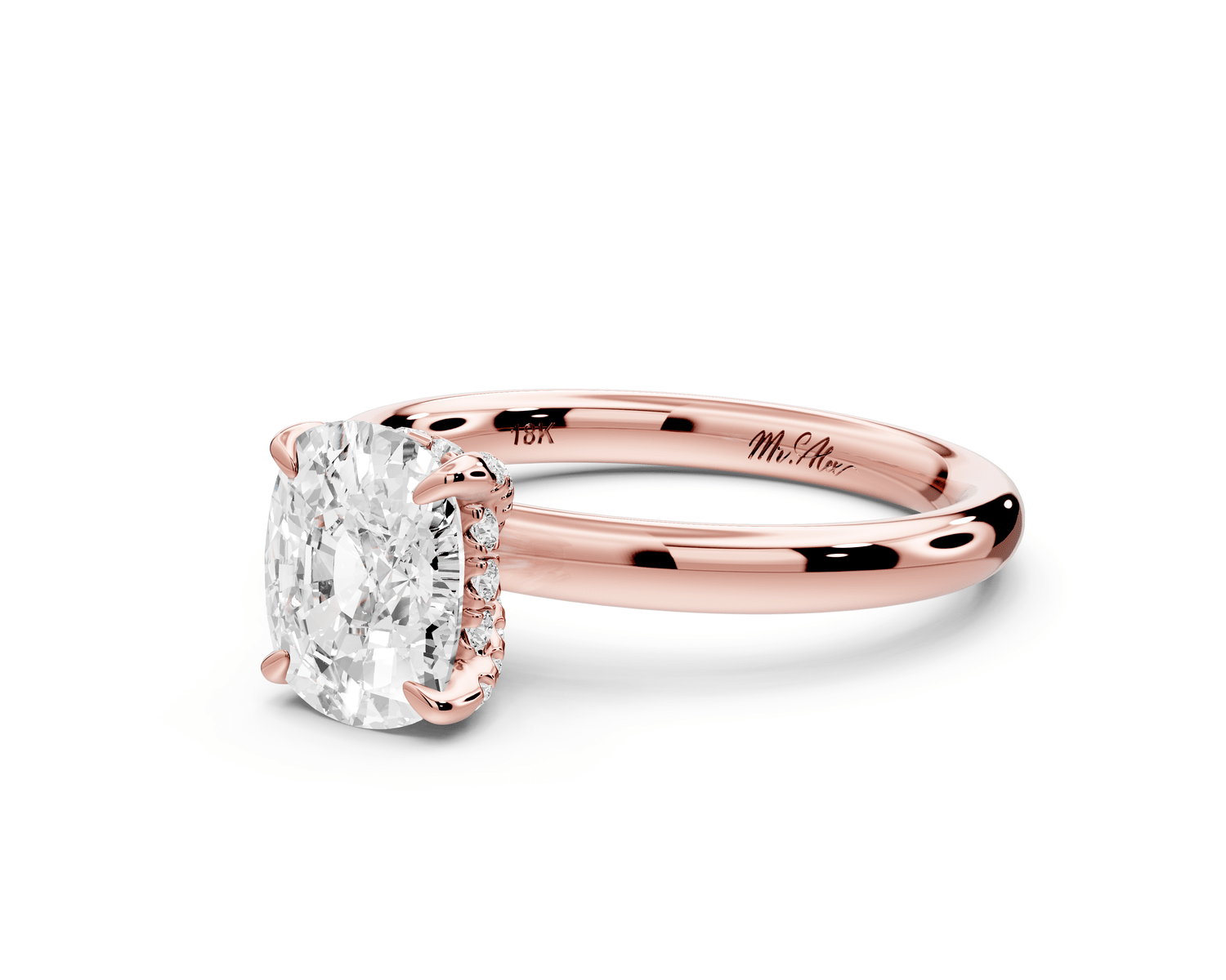 Shira - 2ct 14k rose gold ecushion diamond with hidden halo and diamond crown talon prong solitaire engagement ring - Mr. Alex Jewelry