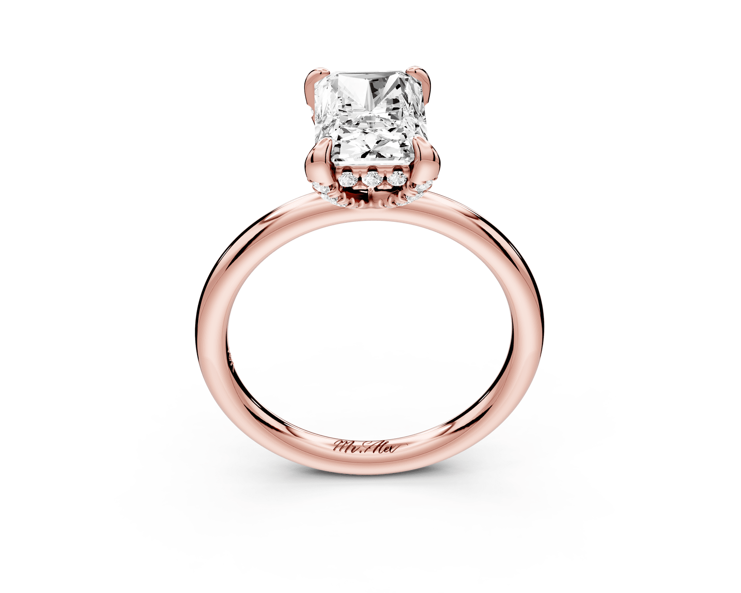 Shira - 2ct 14k rose gold radiant diamond with hidden halo and diamond crown talon prong solitaire engagement ring - Mr. Alex Jewelry