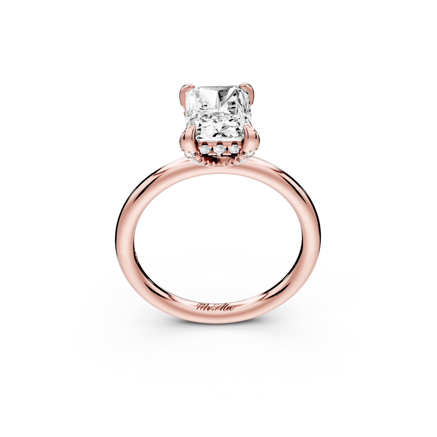 Shira - 2ct 14k rose gold radiant diamond with hidden halo and diamond crown talon prong solitaire engagement ring - Mr. Alex Jewelry