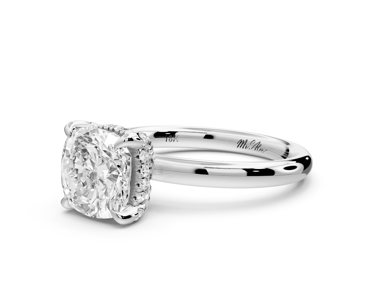 Shira - 2ct 14k white gold cushion diamond with hidden halo and diamond crown talon prong solitaire engagement ring - Mr. Alex Jewelry