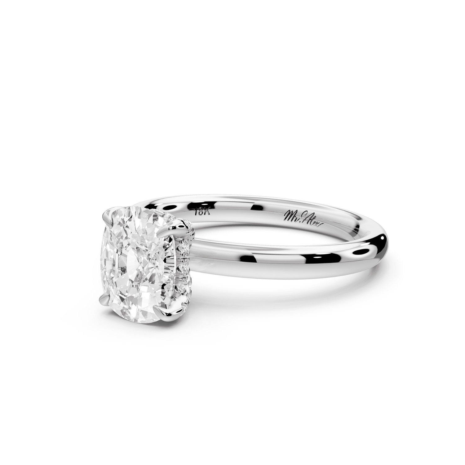 Shira - 2ct 14k white gold ecushion diamond with hidden halo and diamond crown talon prong solitaire engagement ring - Mr. Alex Jewelry