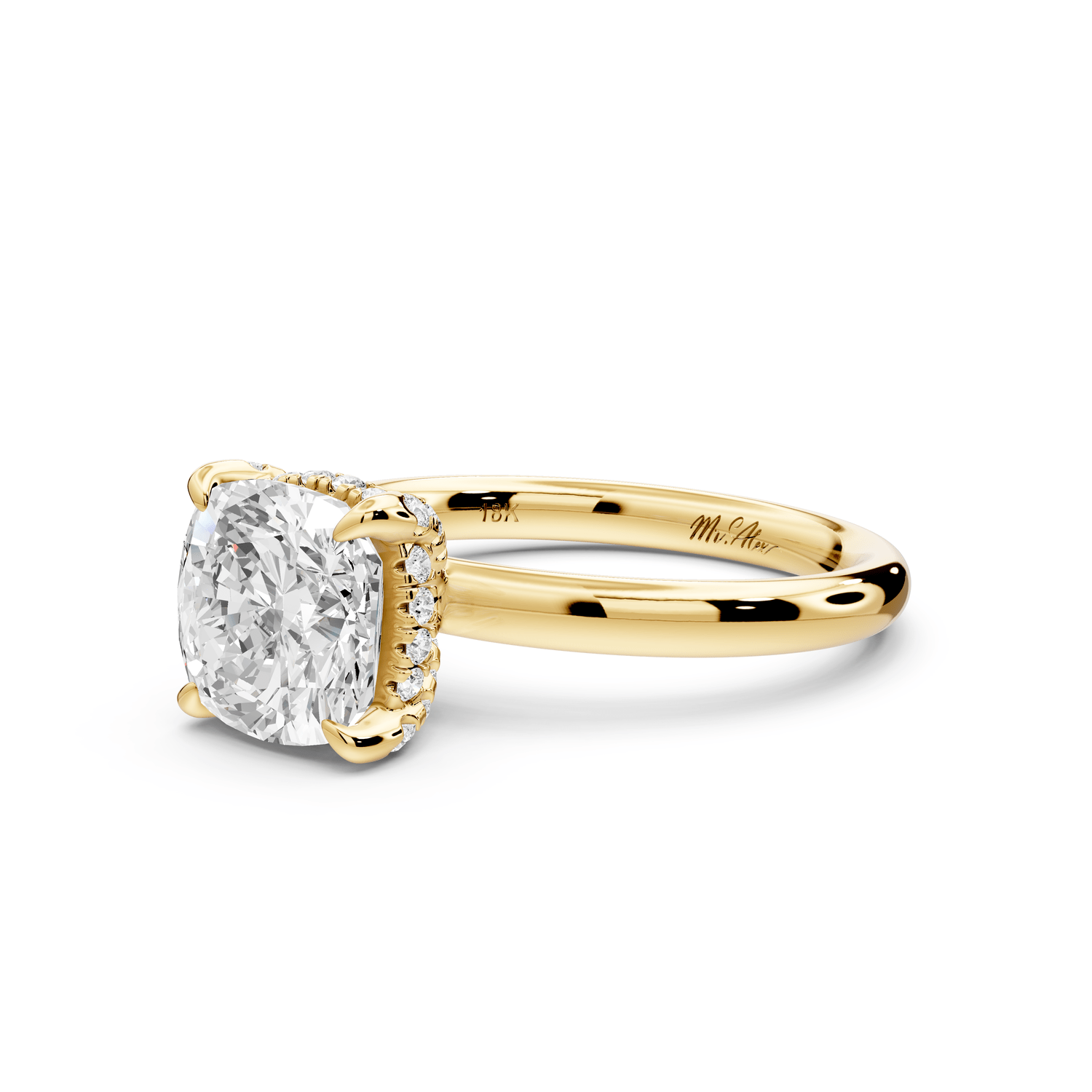 Shira - 2ct 14k yellow gold cushion diamond with hidden halo and diamond crown talon prong solitaire engagement ring - Mr. Alex Jewelry