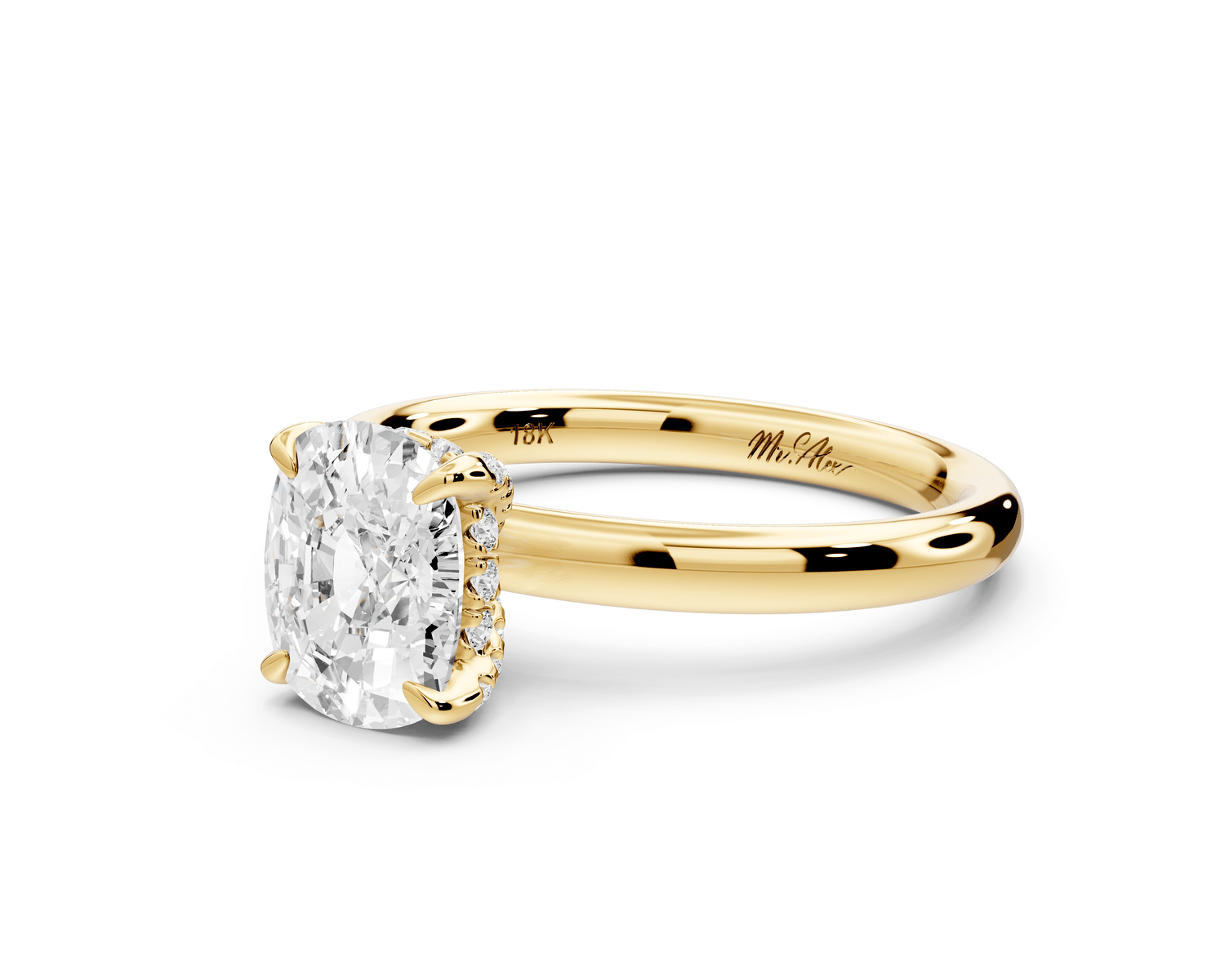 Shira - 2ct 14k yellow gold ecushion diamond with hidden halo and diamond crown talon prong solitaire engagement ring - Mr. Alex Jewelry