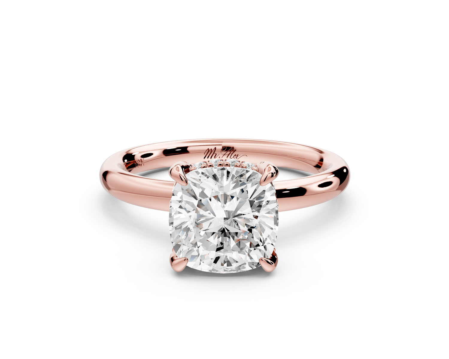 Shira - 2ct 18k rose gold cushion diamond with hidden halo and diamond crown talon prong solitaire engagement ring - Mr. Alex Jewelry