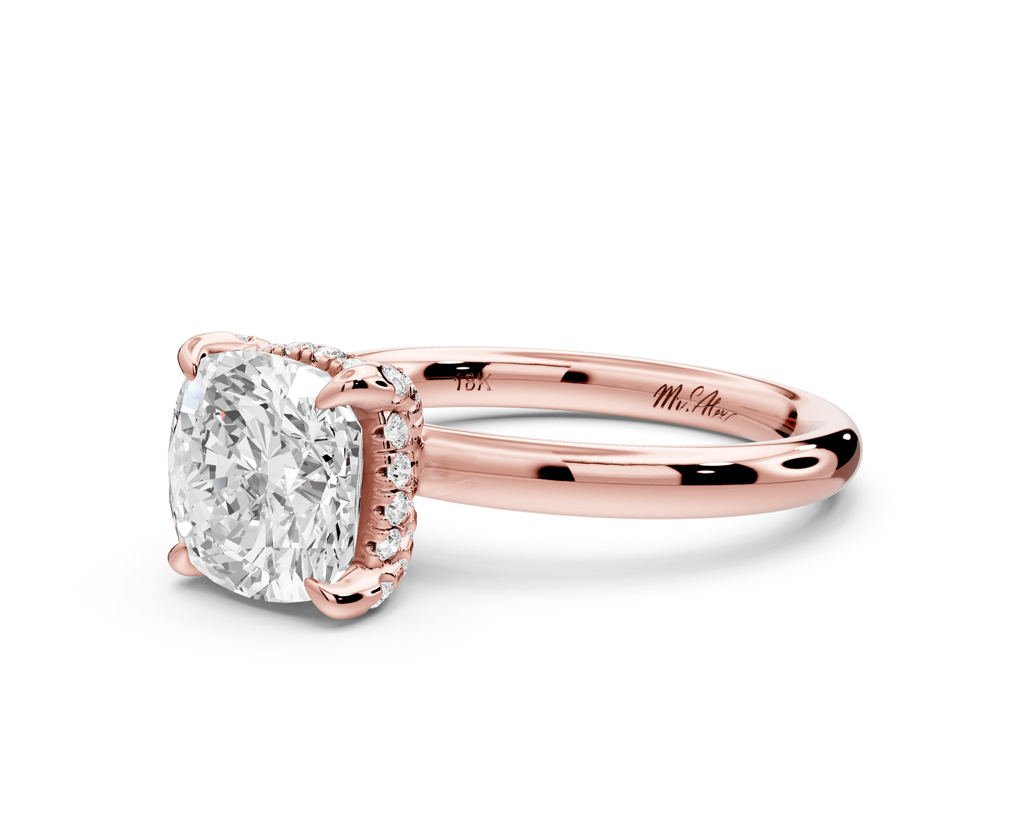 Shira - 2ct 18k rose gold cushion diamond with hidden halo and diamond crown talon prong solitaire engagement ring - Mr. Alex Jewelry