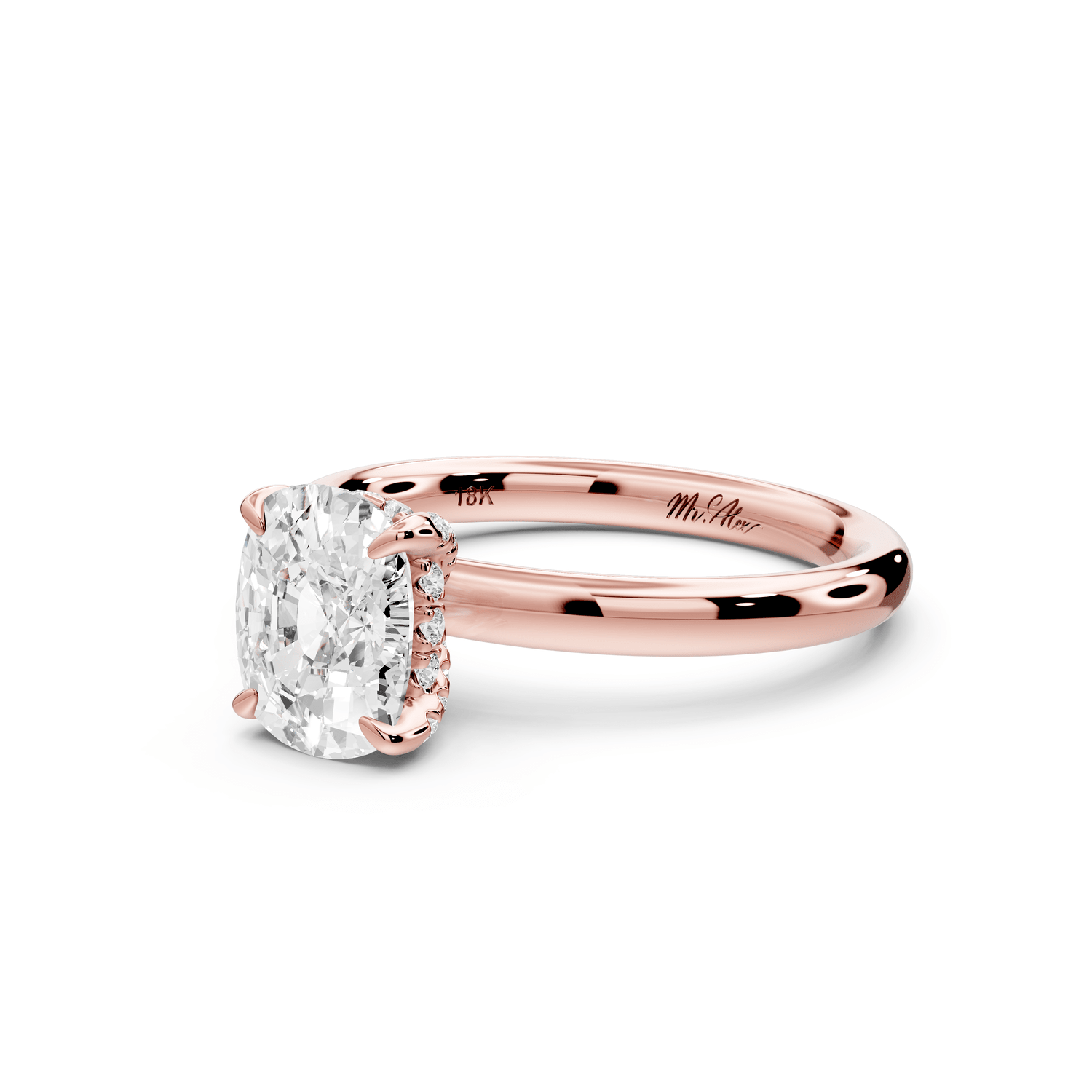 Shira - 2ct 18k rose gold ecushion diamond with hidden halo and diamond crown talon prong solitaire engagement ring - Mr. Alex Jewelry