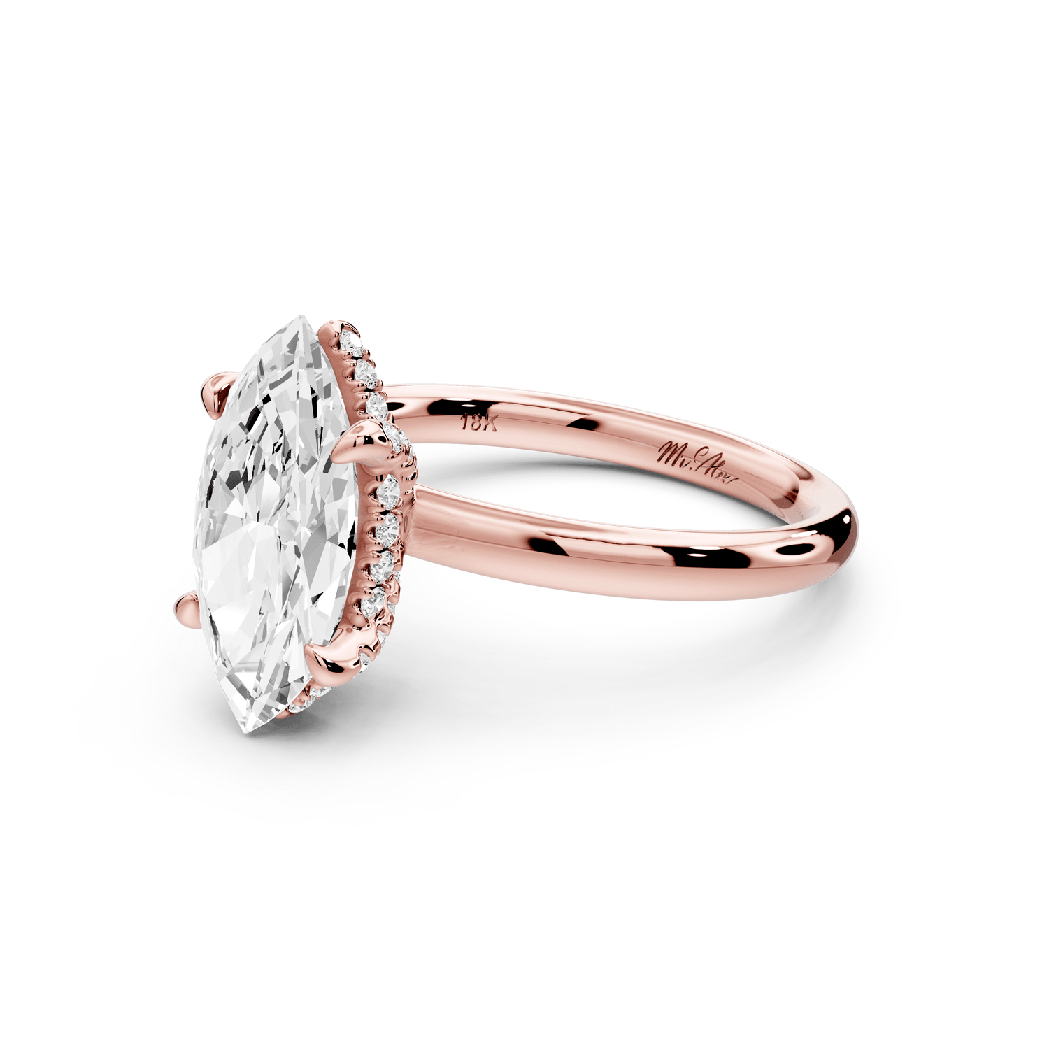 Shira - 2ct 18k rose gold marquise diamond with hidden halo and diamond crown talon prong solitaire engagement ring - Mr. Alex Jewelry