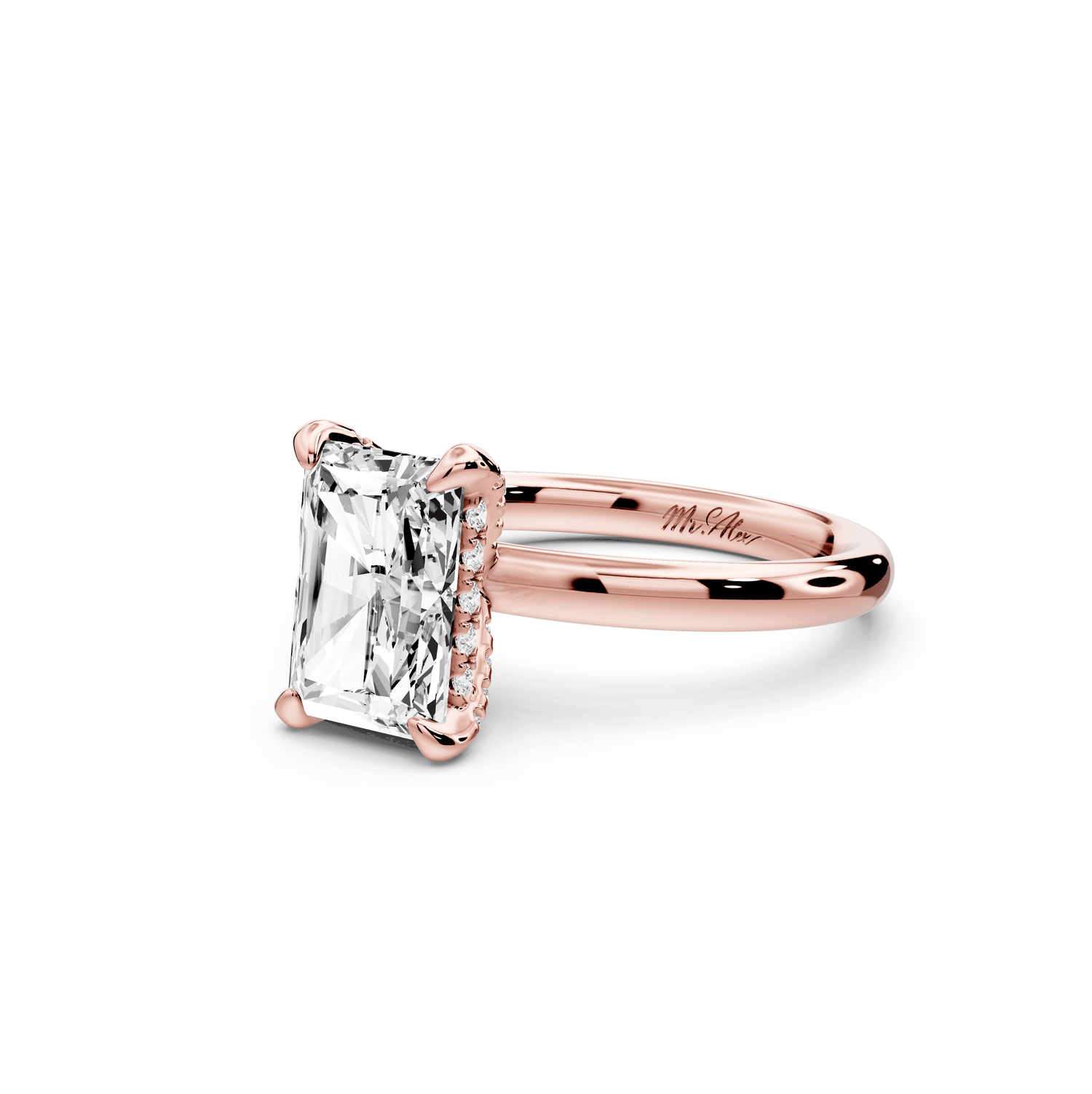 Shira - 2ct 18k rose gold radiant diamond with hidden halo and diamond crown talon prong solitaire engagement ring - Mr. Alex Jewelry