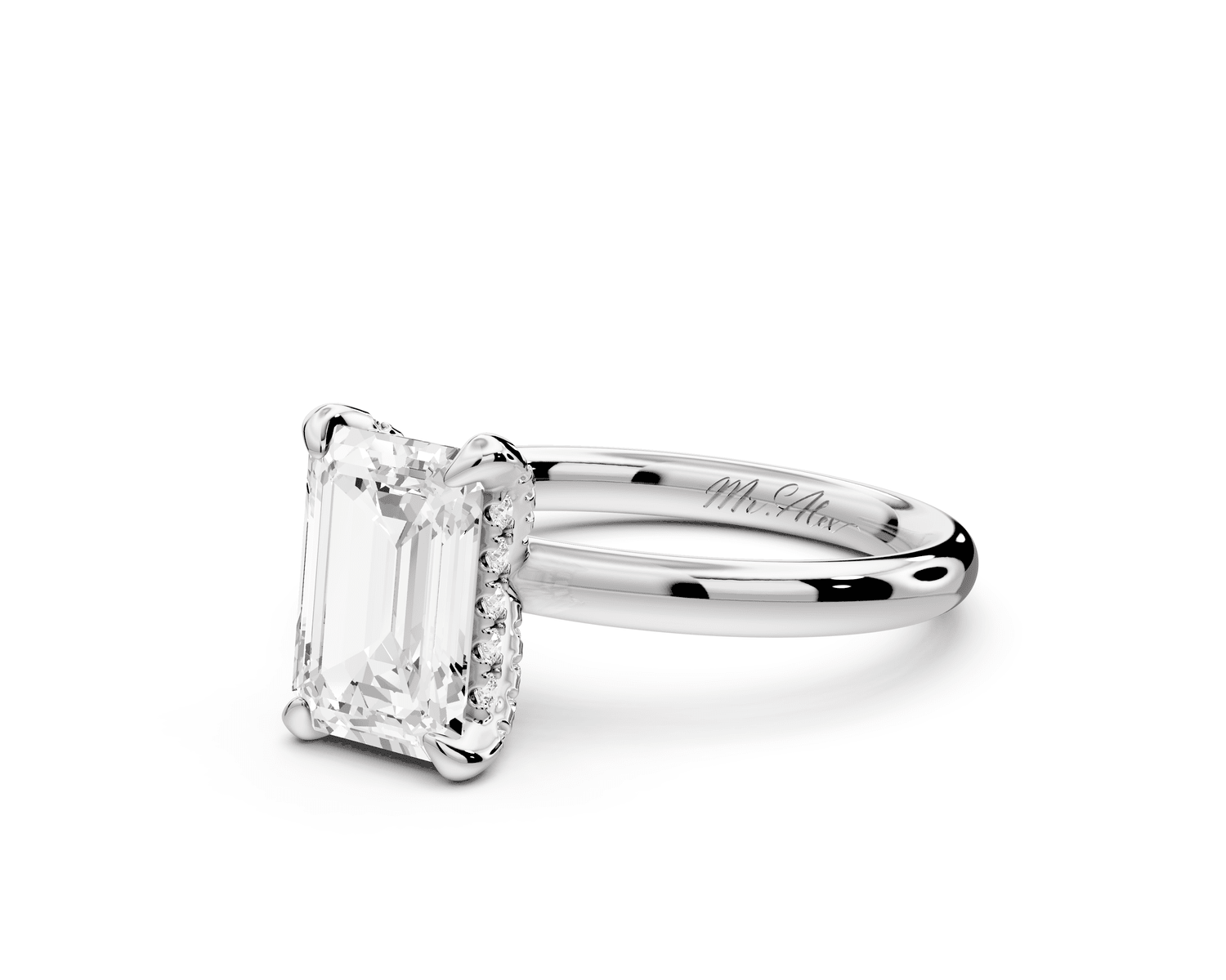 Shira - 2ct 18k white gold emerald diamond with hidden halo and diamond crown talon prong solitaire engagment ring - Mr. Alex Jewelry