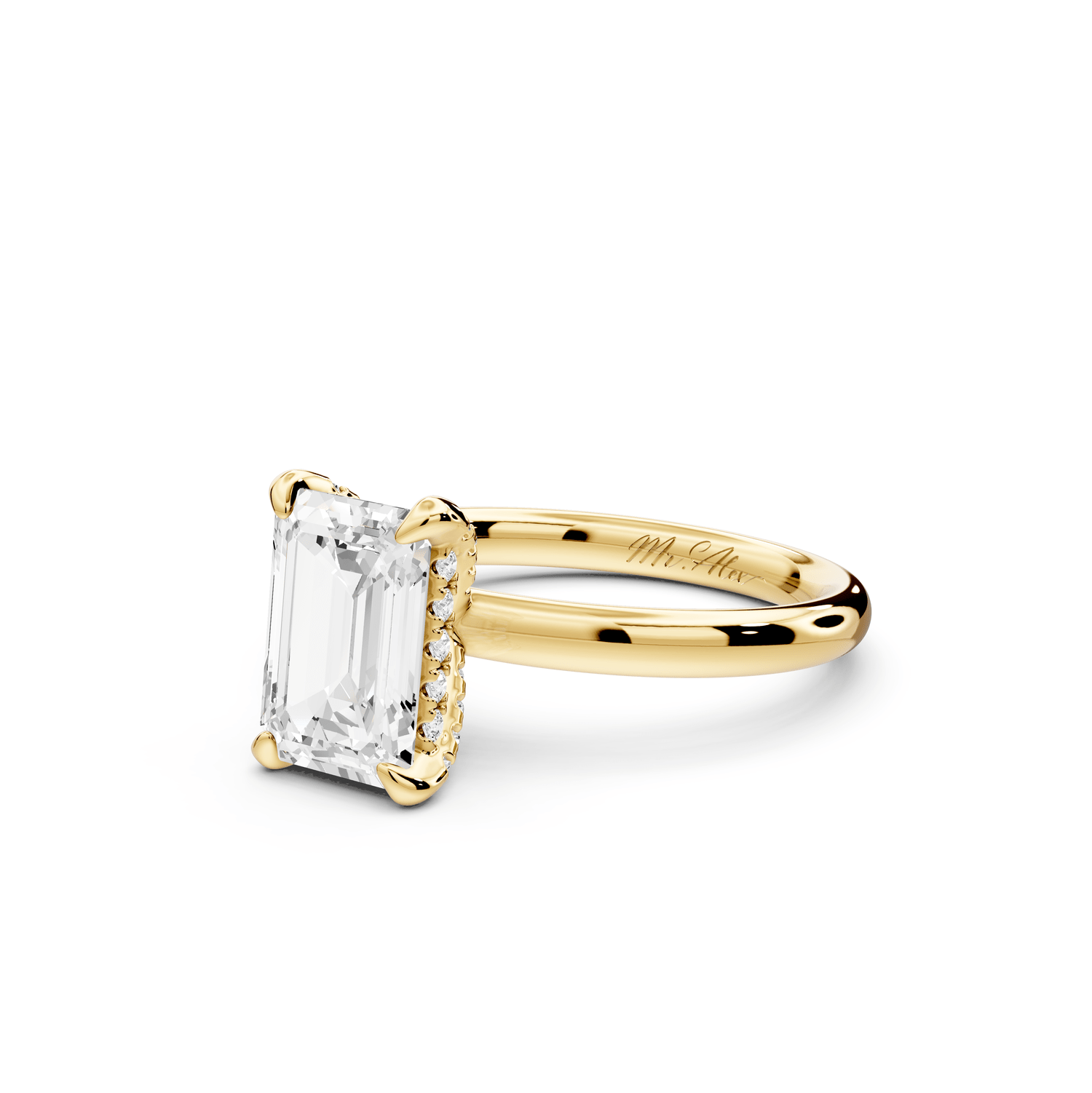Shira - 2ct 18k yellow gold emerald diamond with hidden halo and diamond crown talon prong solitaire engagment ring - Mr. Alex Jewelry