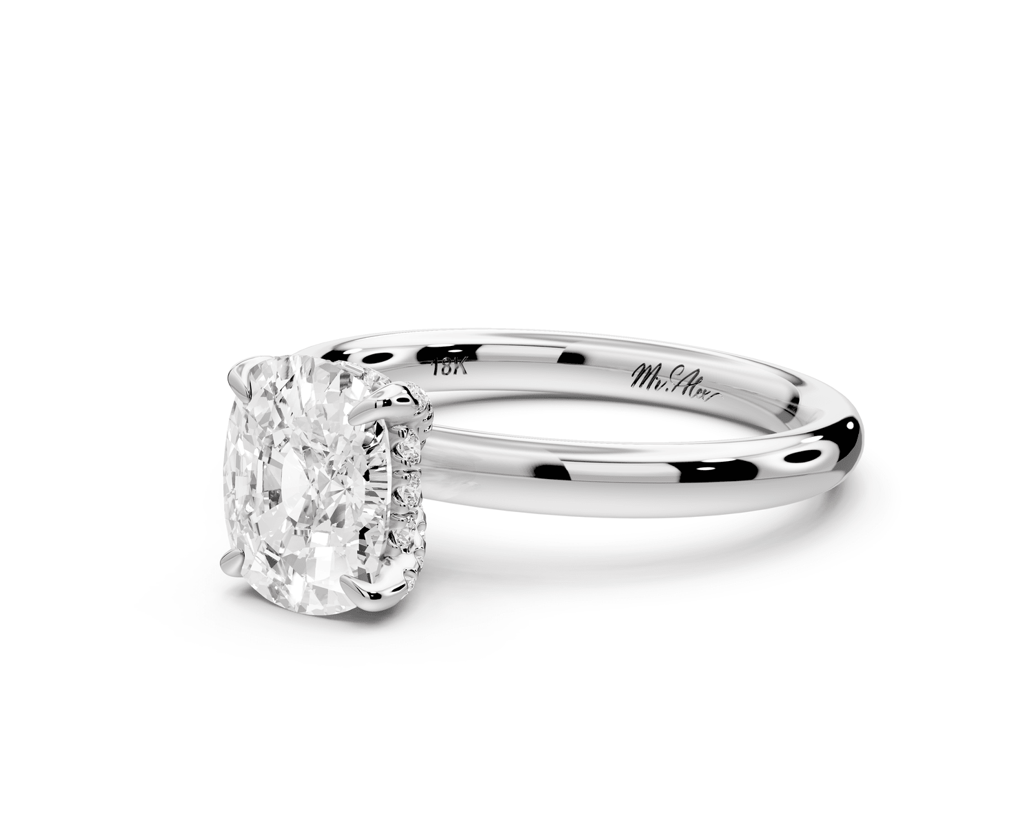 Shira - 2ct platinum ecushion diamond with hidden halo and diamond crown talon prong solitaire engagement ring - Mr. Alex Jewelry