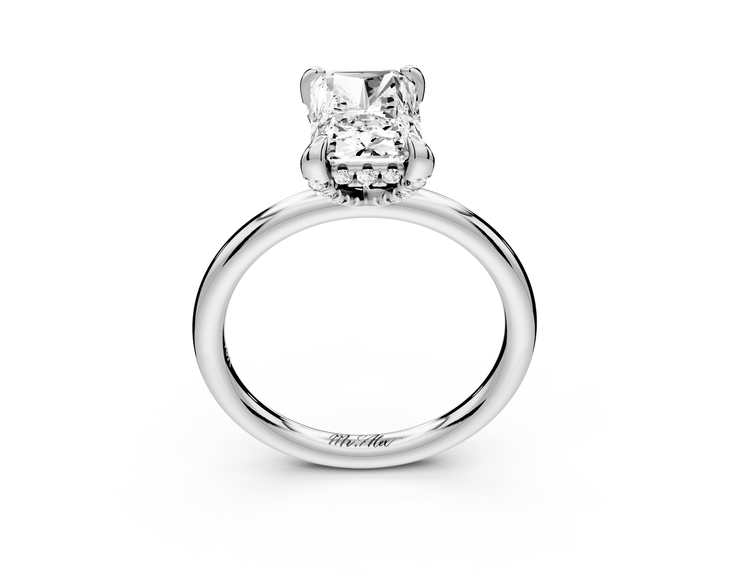 Shira - 2ct platinum radiant diamond with hidden halo and diamond crown talon prong solitaire engagement ring - Mr. Alex Jewelry