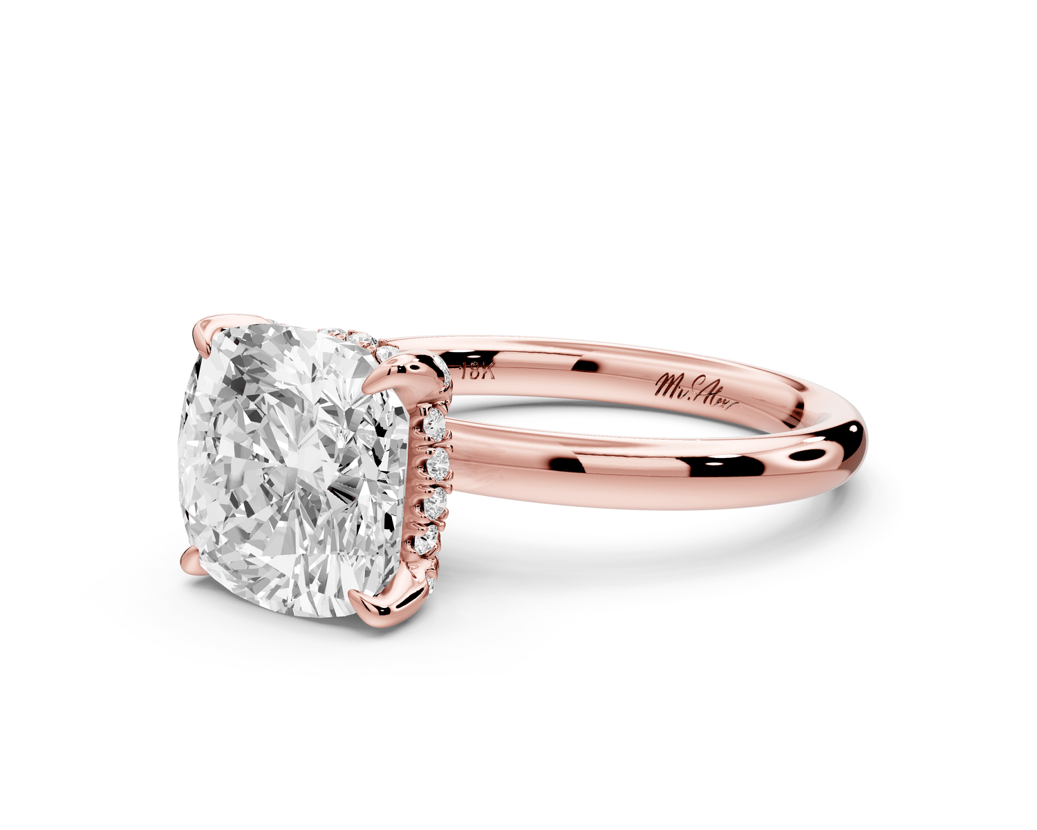 Shira - 3ct 14k rose gold cushion diamond with hidden halo and diamond crown talon prong solitaire engagement ring - Mr. Alex Jewelry