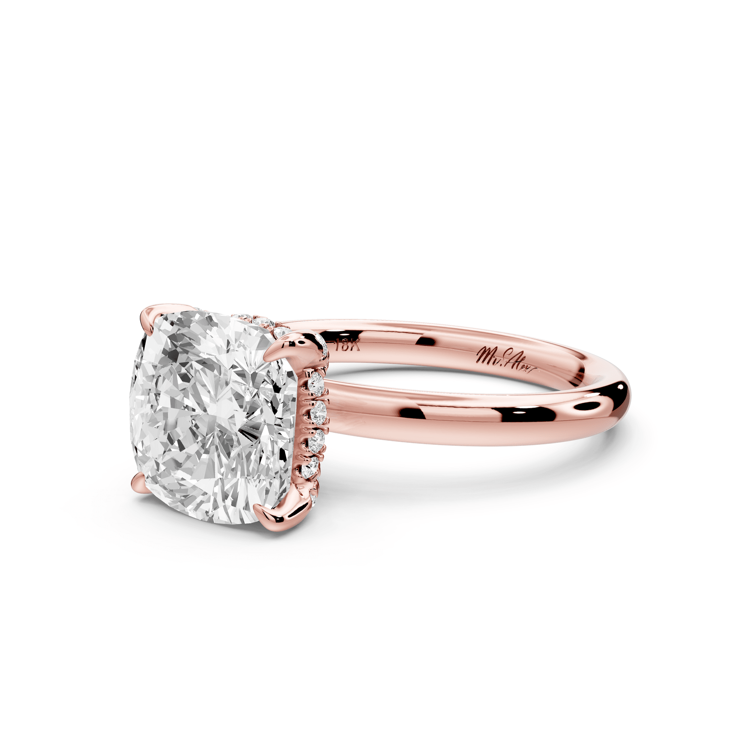 Shira - 3ct 14k rose gold cushion diamond with hidden halo and diamond crown talon prong solitaire engagement ring - Mr. Alex Jewelry
