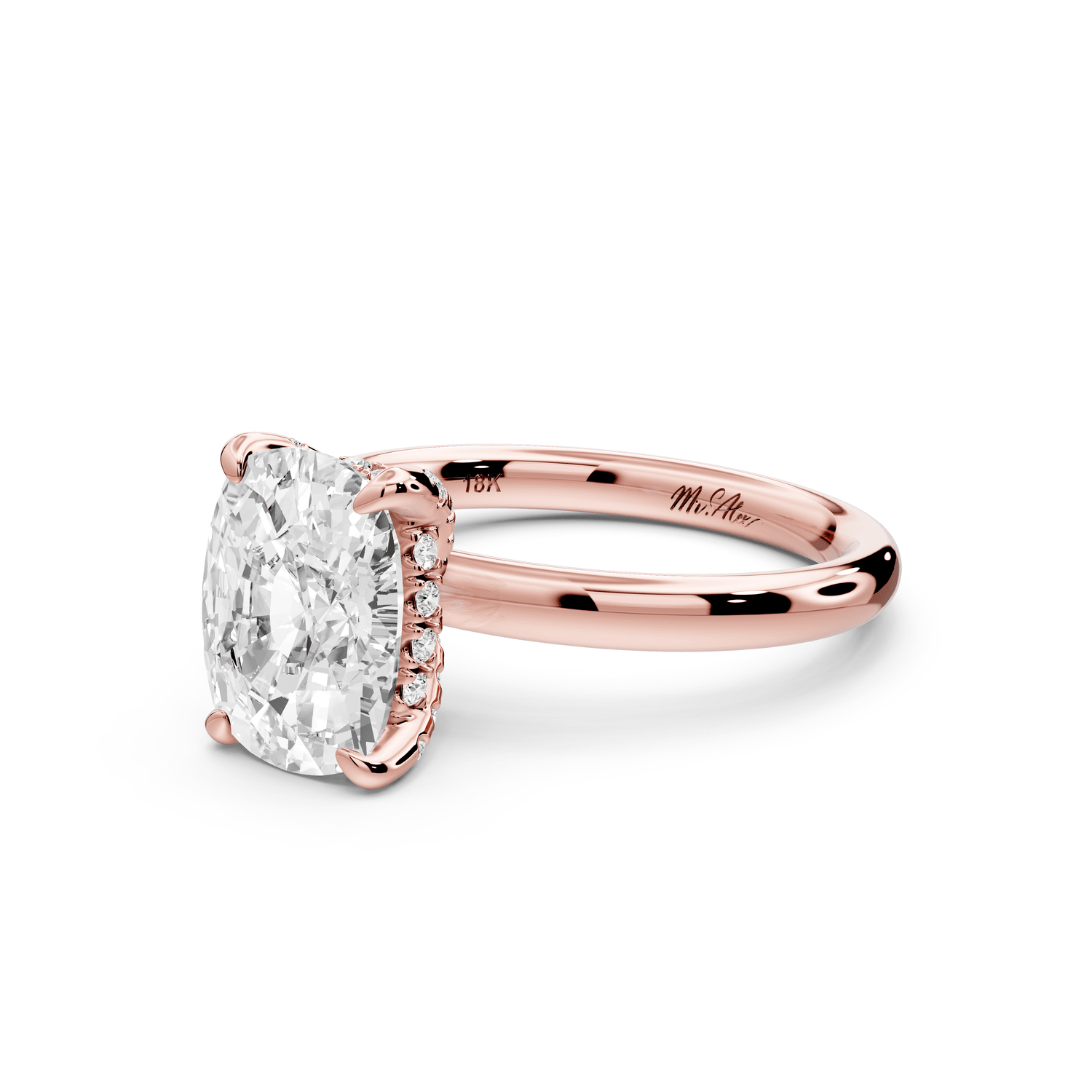 Shira - 3ct 14k rose gold ecushion diamond with hidden halo and diamond crown talon prong solitaire engagement ring - Mr. Alex Jewelry