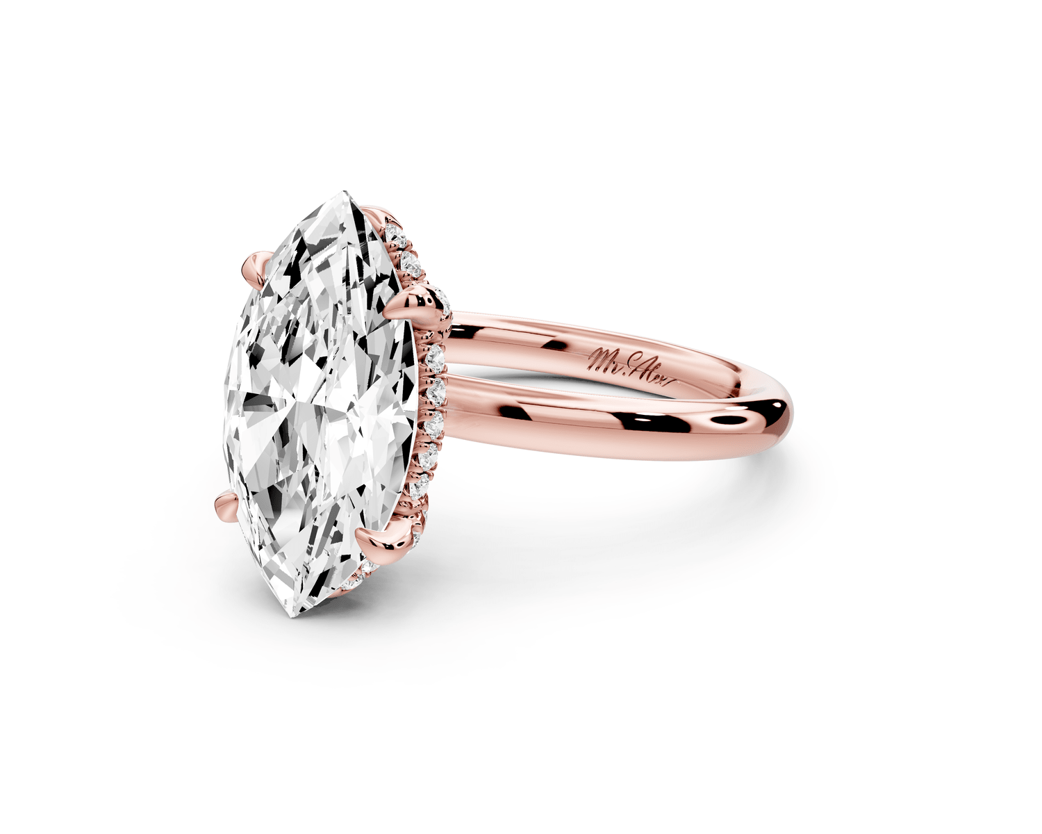 Shira - 3ct 14k rose gold marquise diamond with hidden halo and diamond crown talon prong solitaire engagement ring - Mr. Alex Jewelry