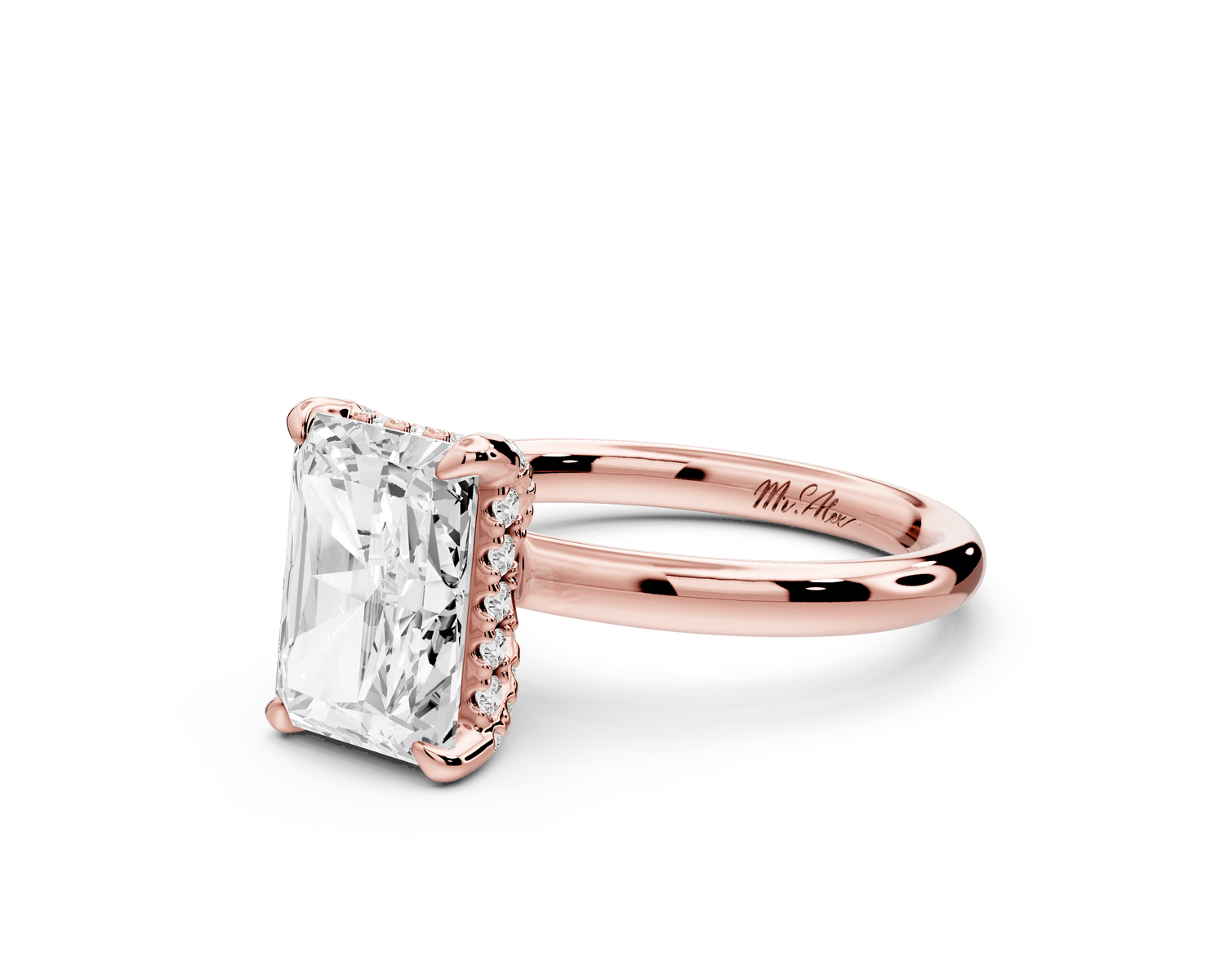 Shira - 3ct 14k rose gold radiant diamond with hidden halo and diamond crown talon prong solitaire engagement ring - Mr. Alex Jewelry