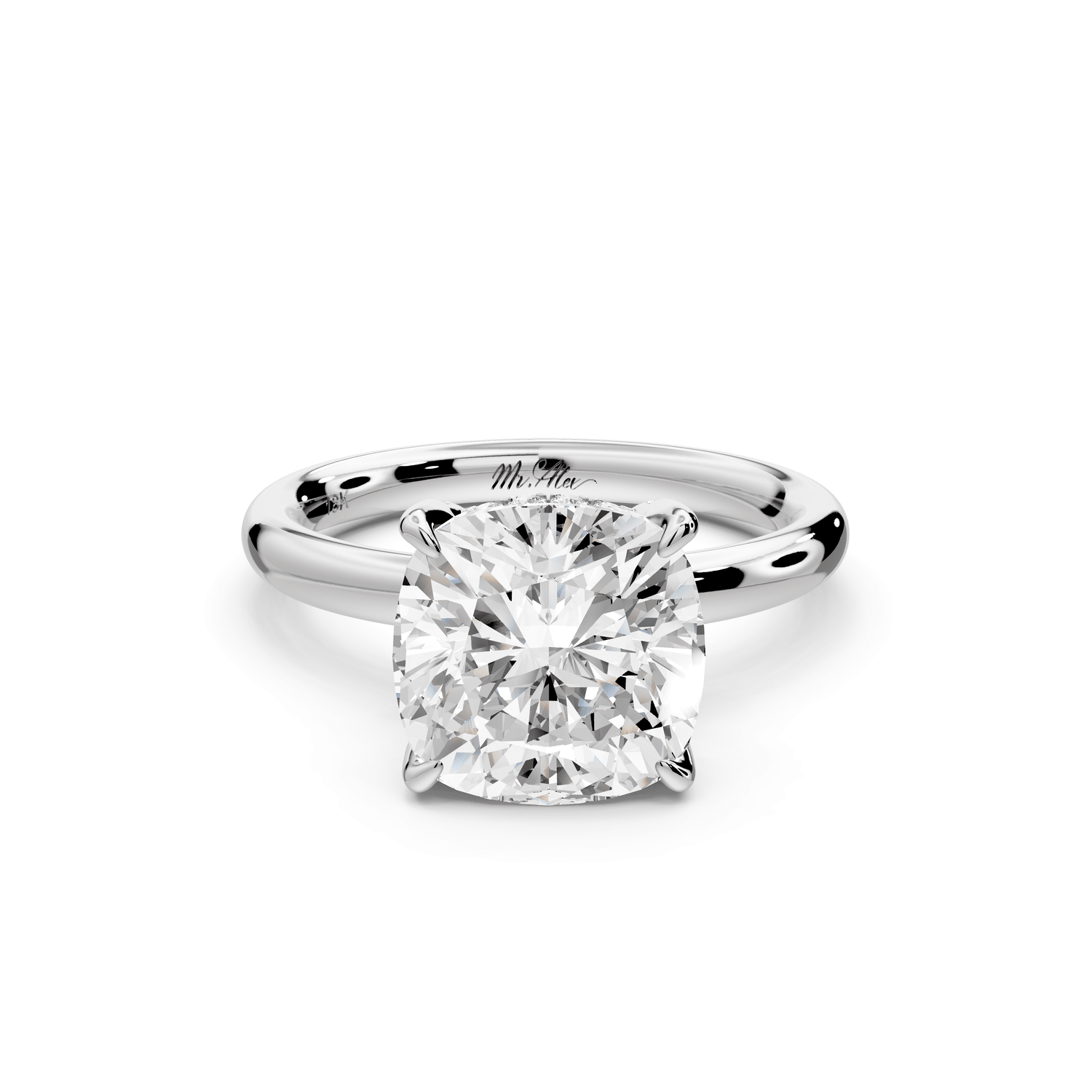 Shira - 3ct 14k white gold cushion diamond with hidden halo and diamond crown talon prong solitaire engagement ring - Mr. Alex Jewelry