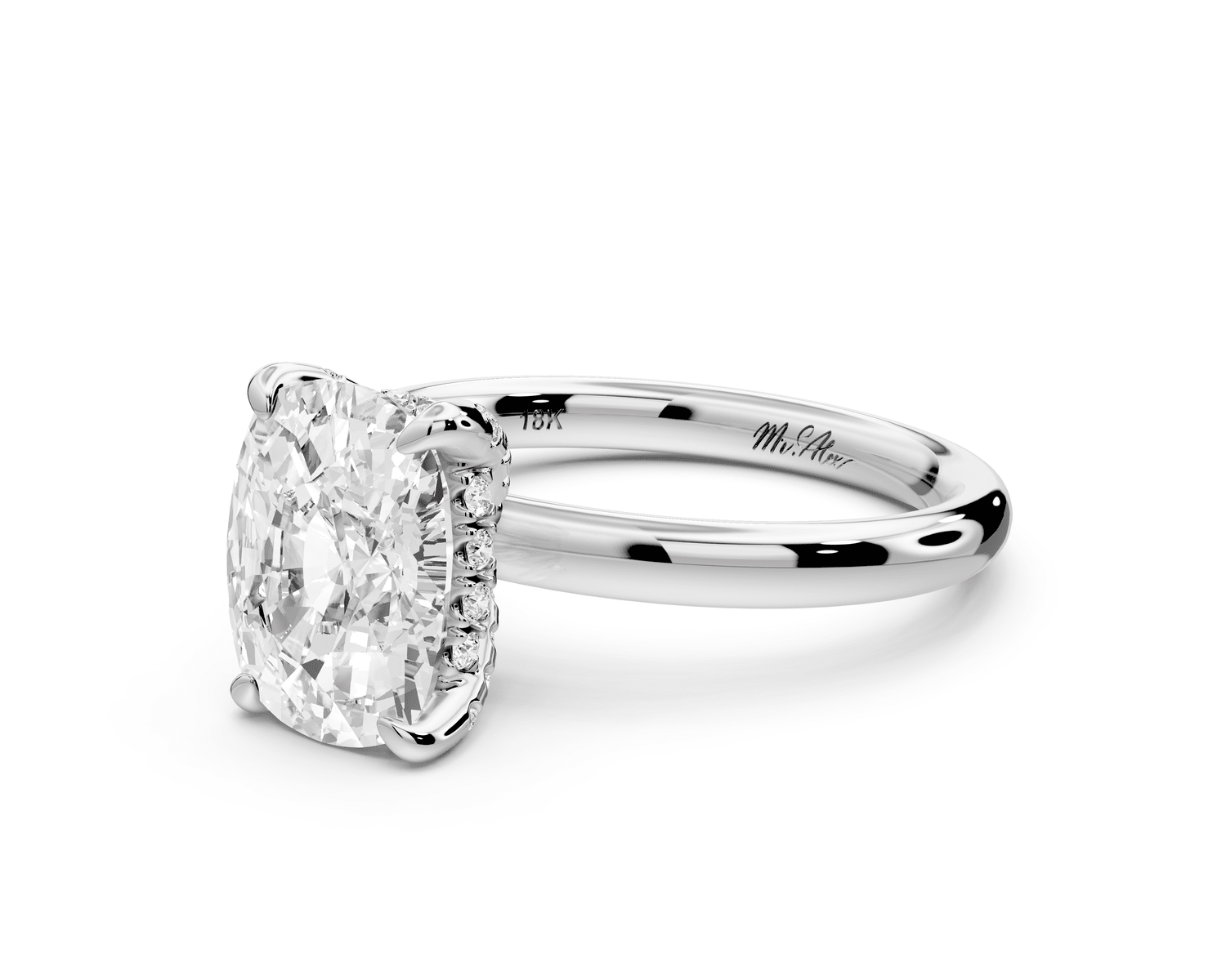 Shira - 3ct 14k white gold ecushion diamond with hidden halo and diamond crown talon prong solitaire engagement ring - Mr. Alex Jewelry