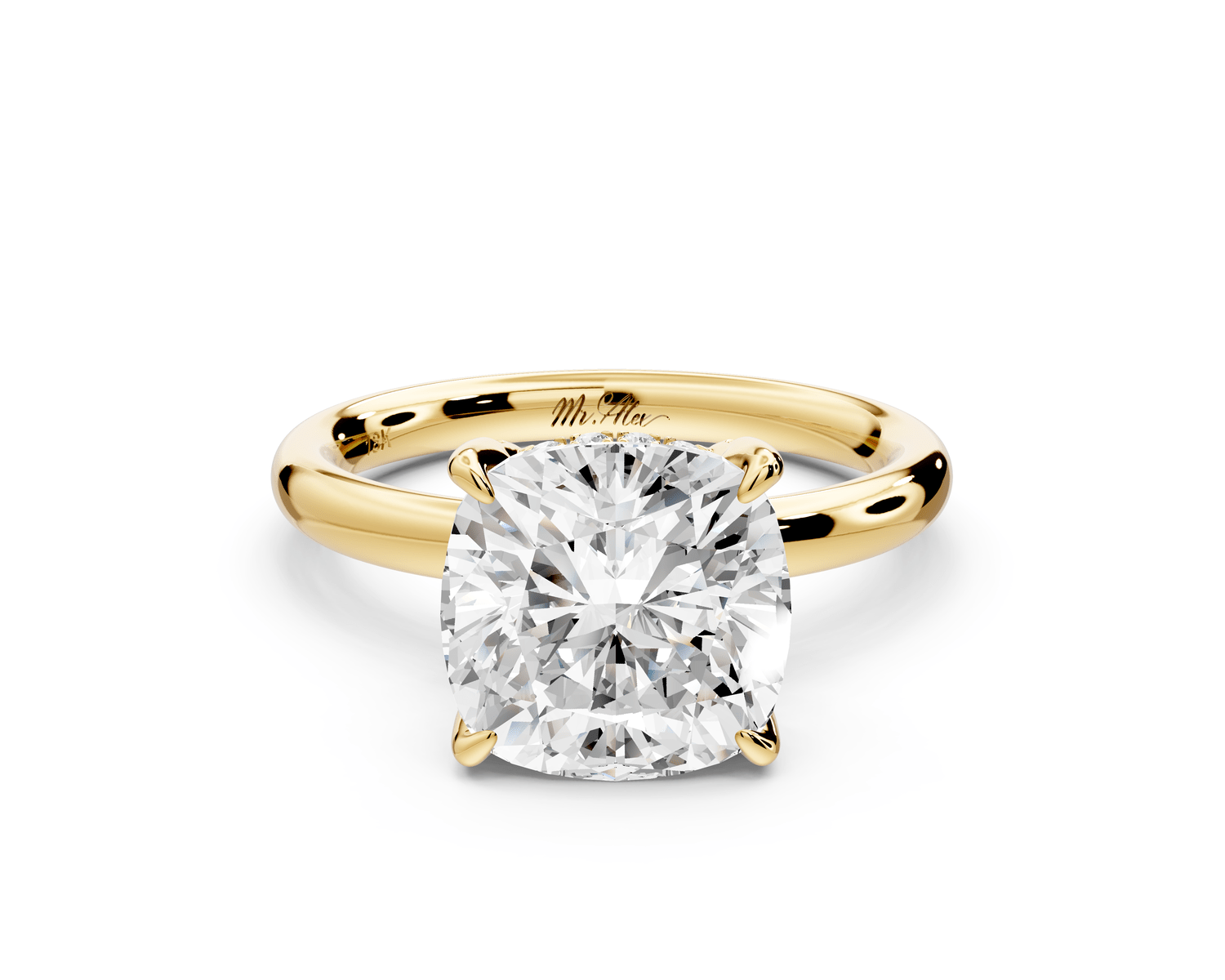Shira - 3ct 14k yellow gold cushion diamond with hidden halo and diamond crown talon prong solitaire engagement ring - Mr. Alex Jewelry