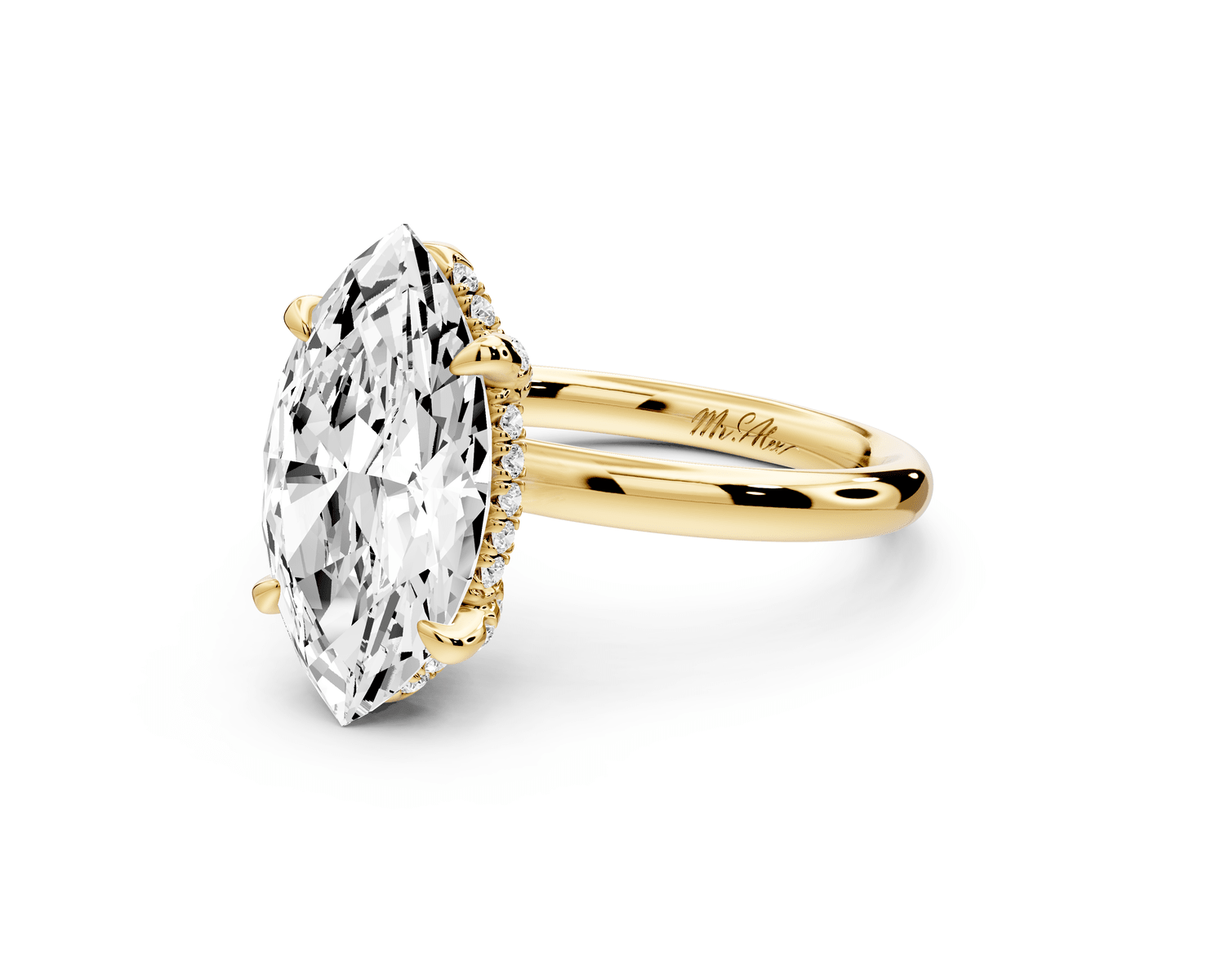 Shira - 3ct 14k yellow gold marquise diamond with hidden halo and diamond crown talon prong solitaire engagement ring - Mr. Alex Jewelry