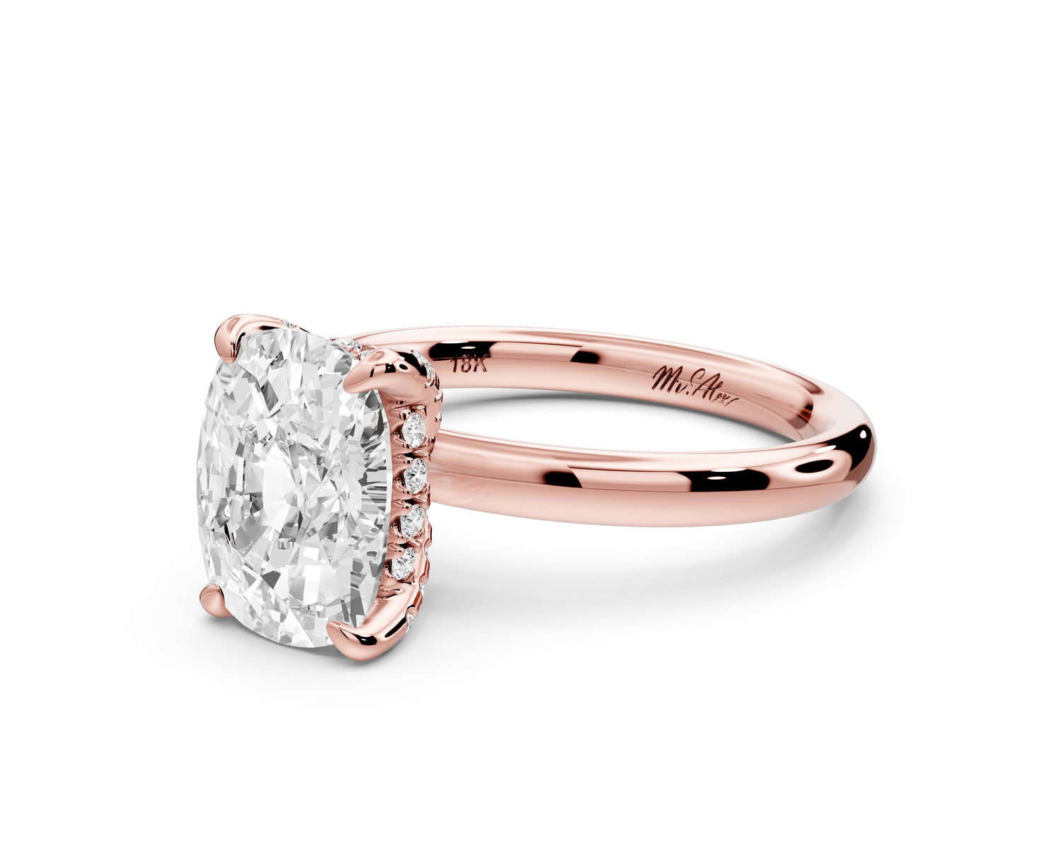 Shira - 3ct 18k rose gold ecushion diamond with hidden halo and diamond crown talon prong solitaire engagement ring - Mr. Alex Jewelry