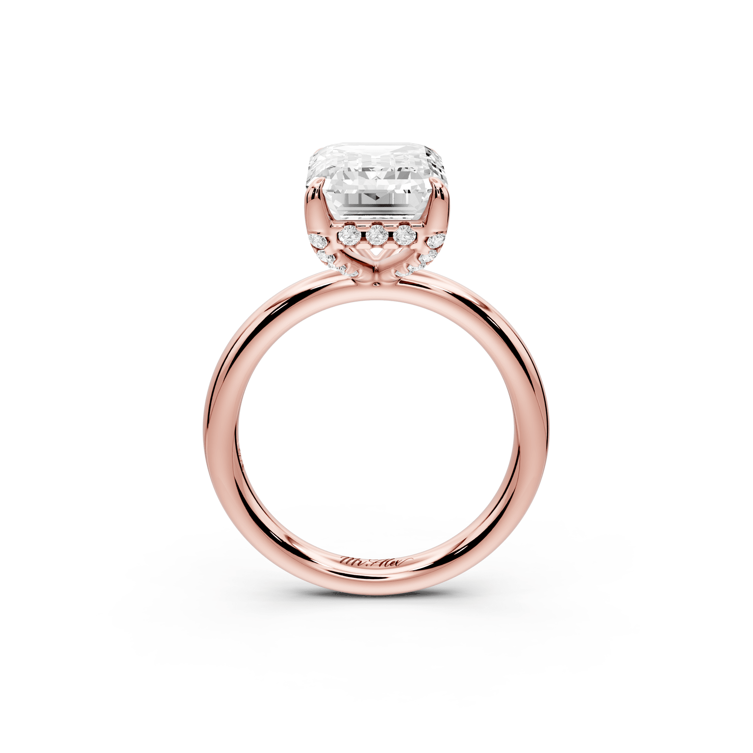 Shira - 3ct 18k rose gold emerald diamond with hidden halo and diamond crown talon prong solitaire engagment ring - Mr. Alex Jewelry