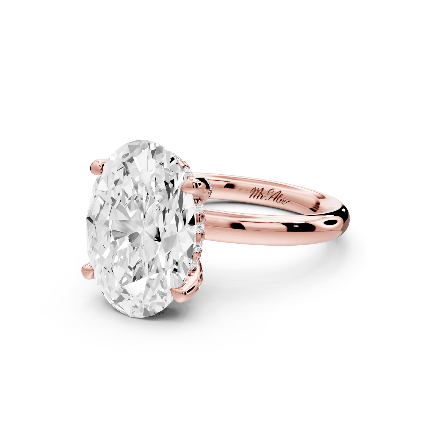 Shira - 3ct 18k rose gold oval diamond with hidden halo and diamond crown talon prong solitaire engagment ring - Mr. Alex Jewelry