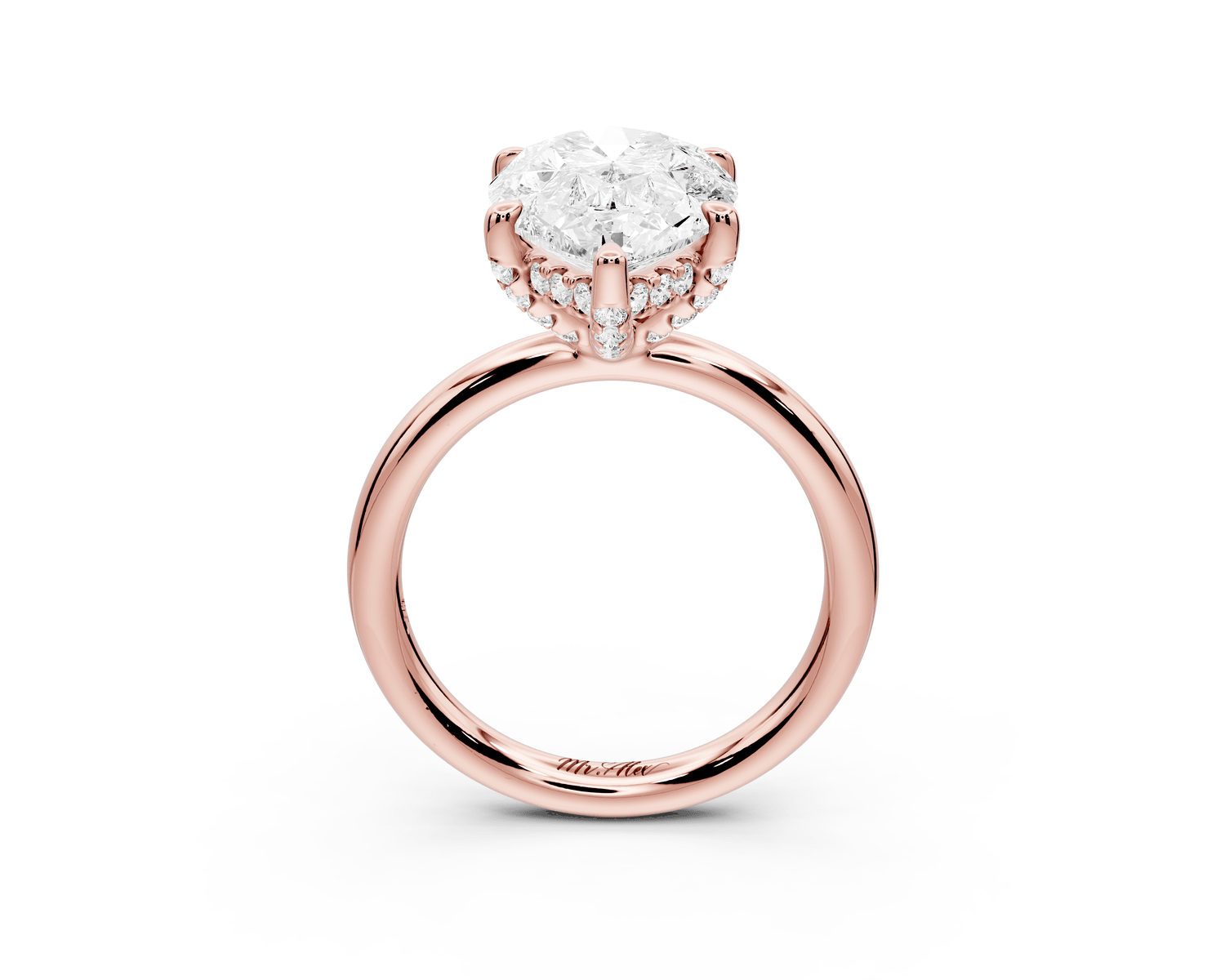 Shira - 3ct 18k rose gold pear diamond with hidden halo and diamond crown talon prong solitaire engagment ring - Mr. Alex Jewelry