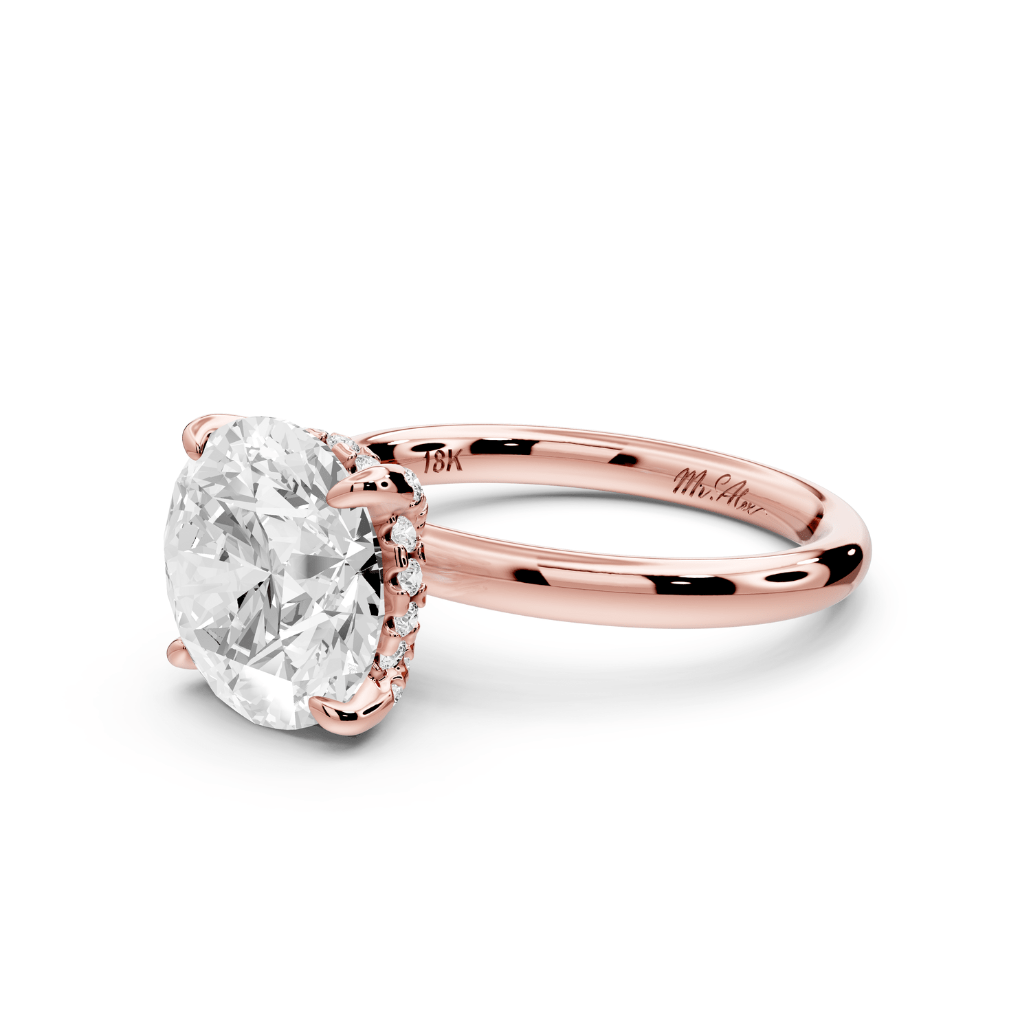 Shira - 3ct 18k rose gold round diamond with hidden halo and diamond crown talon prong solitaire engagment ring - Mr. Alex Jewelry