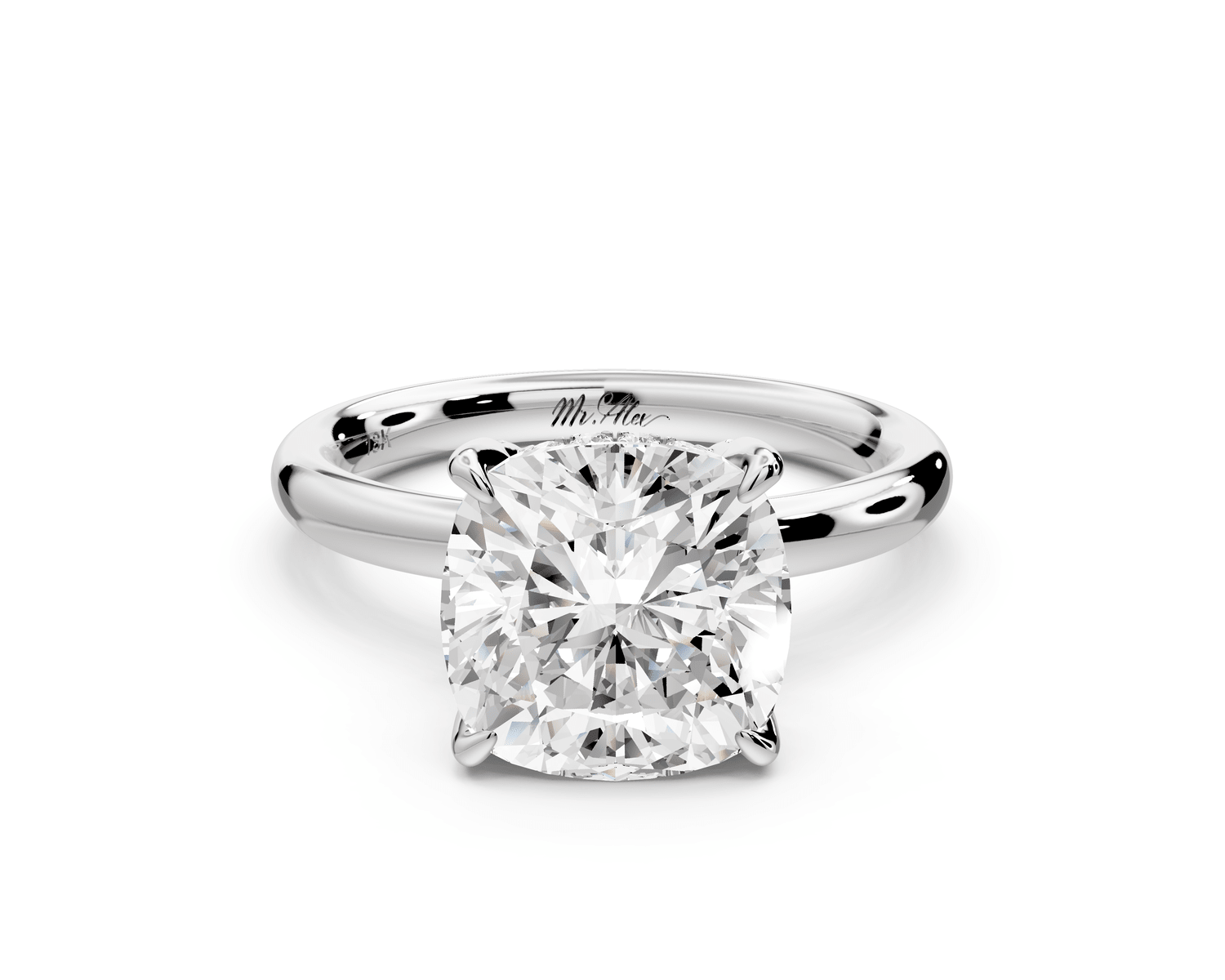 Shira - 3ct 18k white gold cushion diamond with hidden halo and diamond crown talon prong solitaire engagement ring - Mr. Alex Jewelry