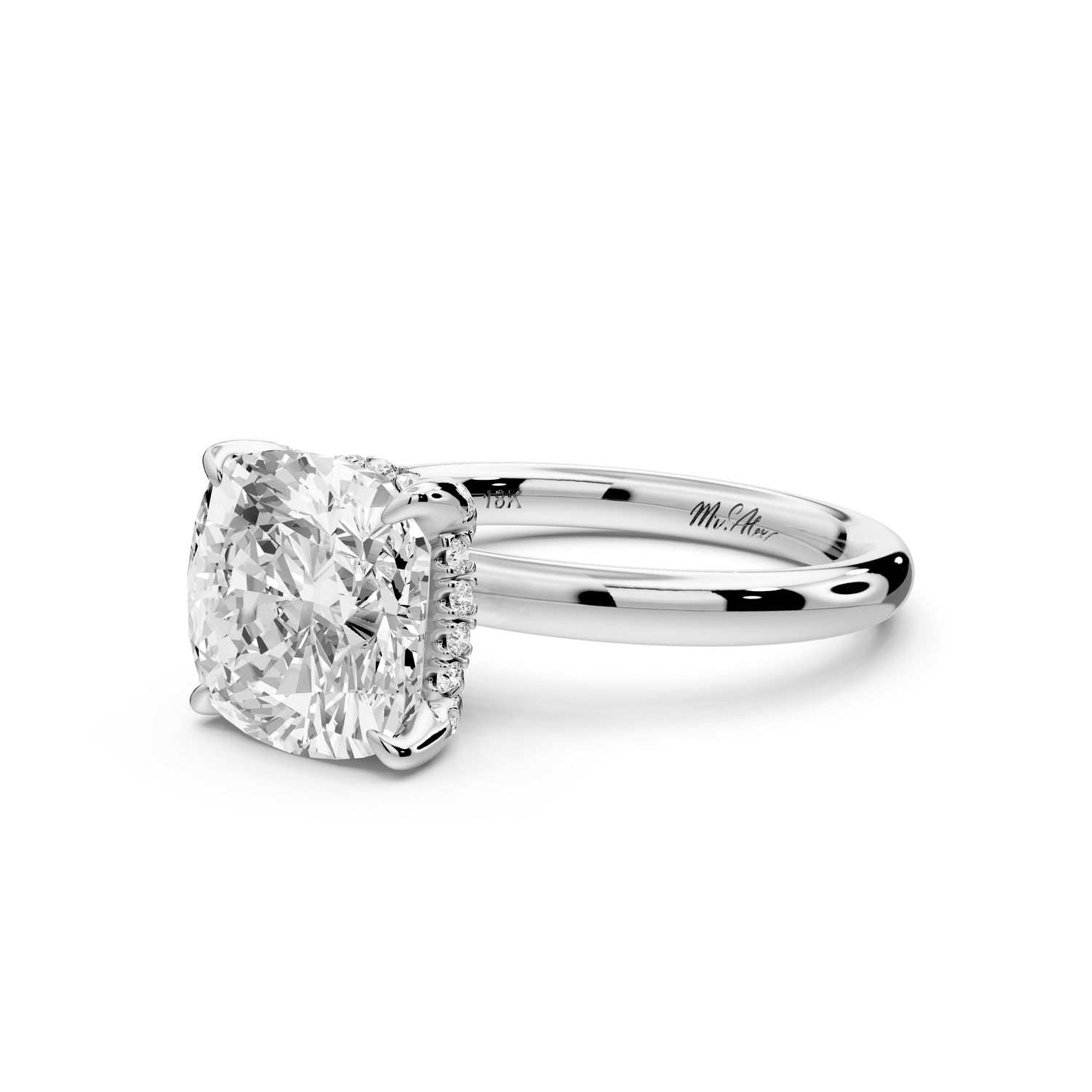Shira - 3ct 18k white gold cushion diamond with hidden halo and diamond crown talon prong solitaire engagement ring - Mr. Alex Jewelry