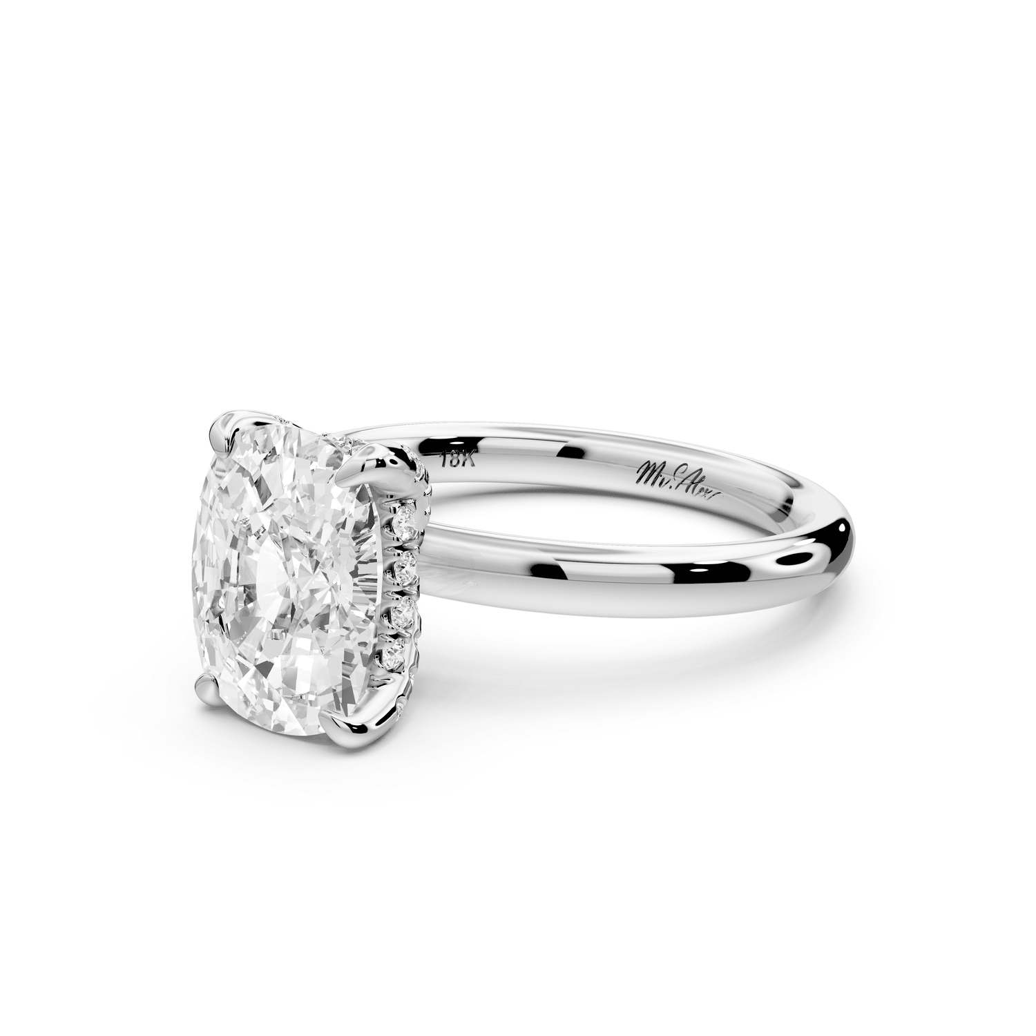 Shira - 3ct 18k white gold ecushion diamond with hidden halo and diamond crown talon prong solitaire engagement ring - Mr. Alex Jewelry