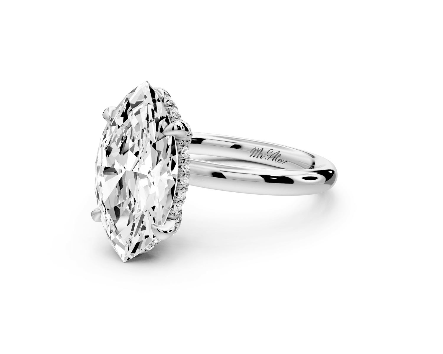 Shira - 3ct 18k white gold marquise diamond with hidden halo and diamond crown talon prong solitaire engagement ring - Mr. Alex Jewelry