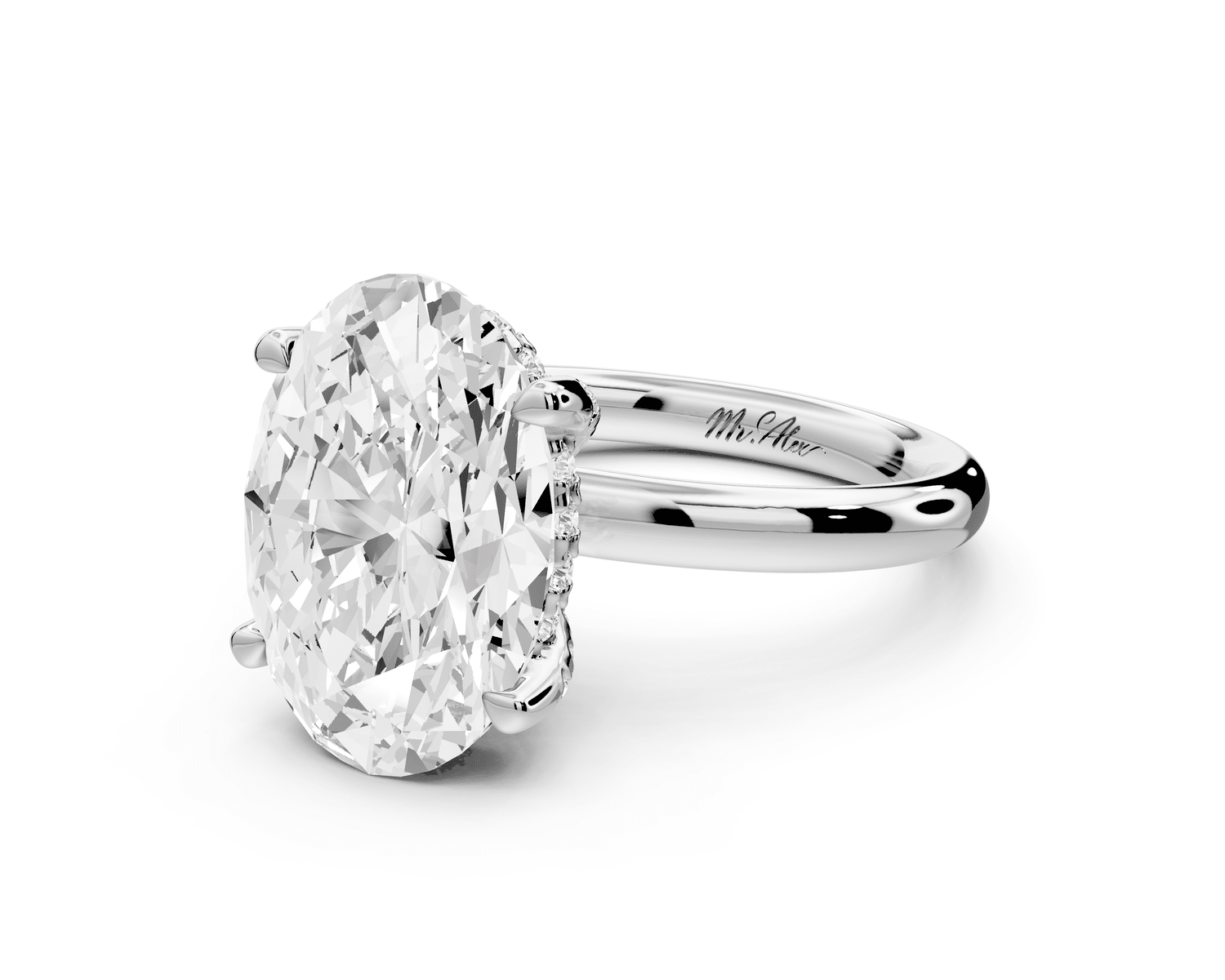 Shira - 3ct 18k white gold oval diamond with hidden halo and diamond crown talon prong solitaire engagment ring - Mr. Alex Jewelry