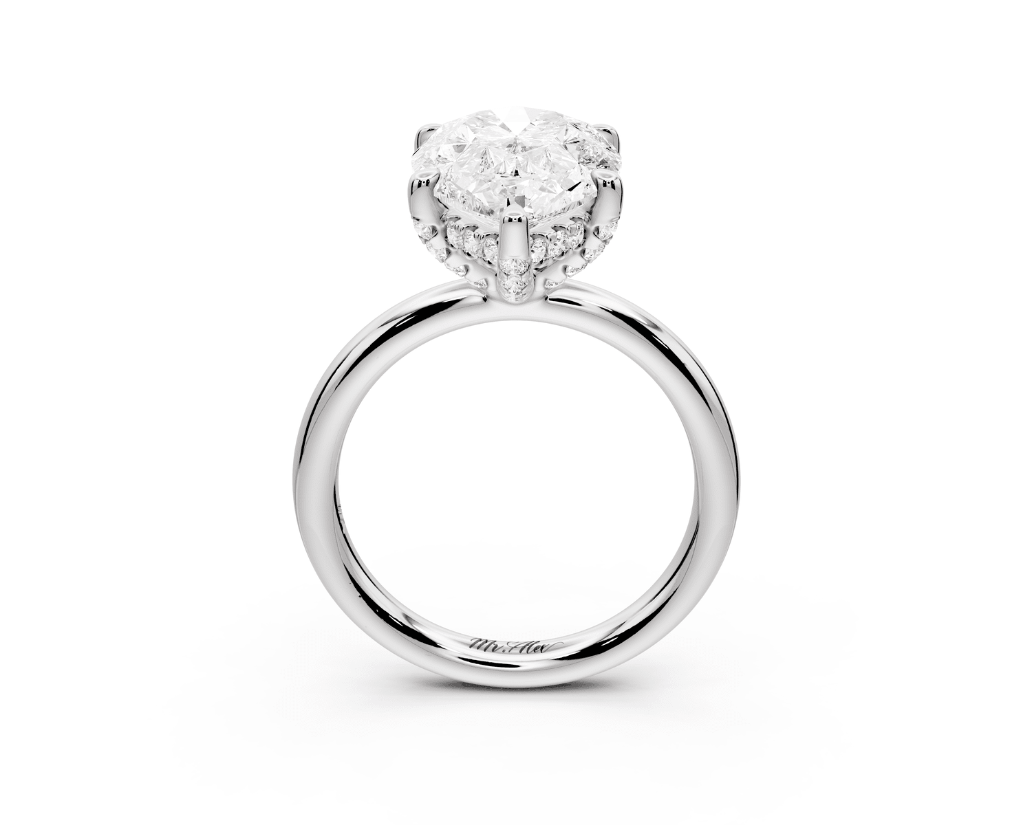 Shira - 3ct 18k white gold pear diamond with hidden halo and diamond crown talon prong solitaire engagment ring - Mr. Alex Jewelry