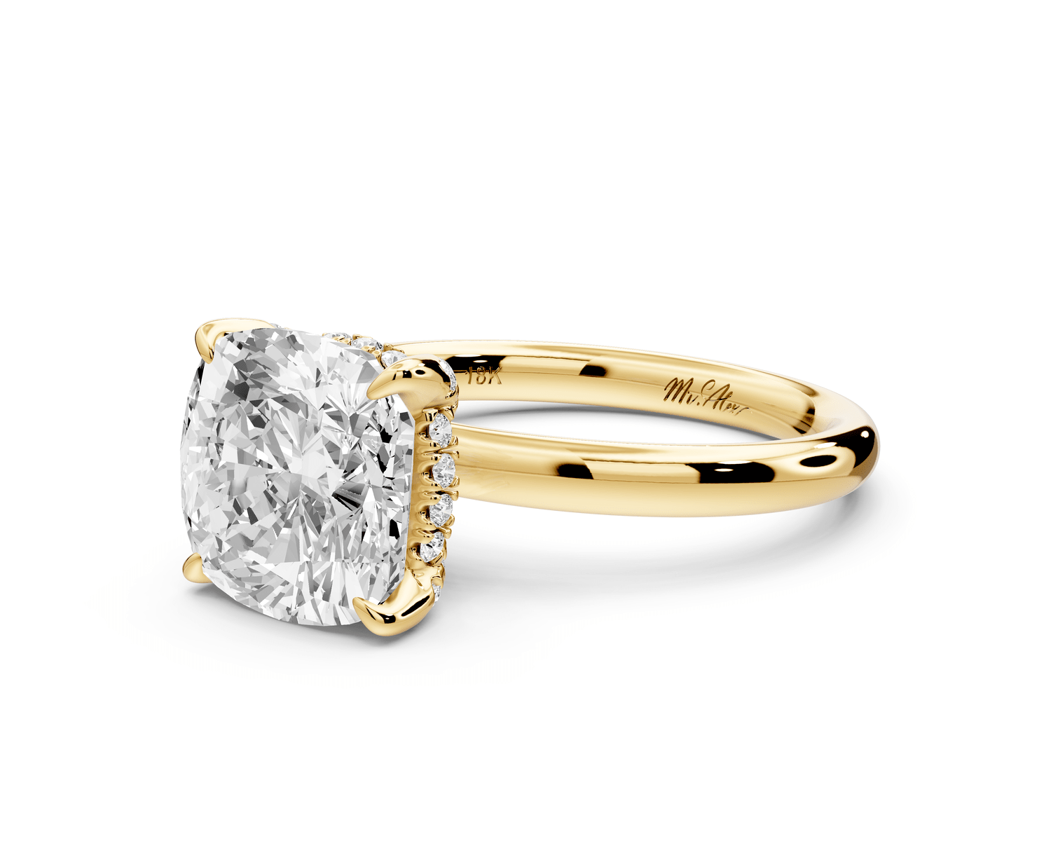 Shira - 3ct 18k yellow gold cushion diamond with hidden halo and diamond crown talon prong solitaire engagement ring - Mr. Alex Jewelry