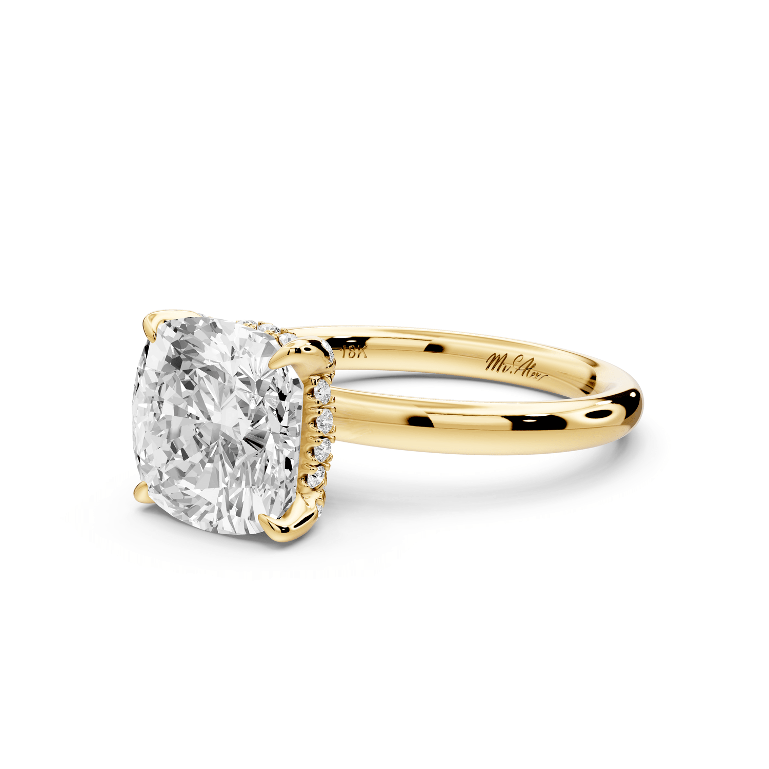 Shira - 3ct 18k yellow gold cushion diamond with hidden halo and diamond crown talon prong solitaire engagement ring - Mr. Alex Jewelry