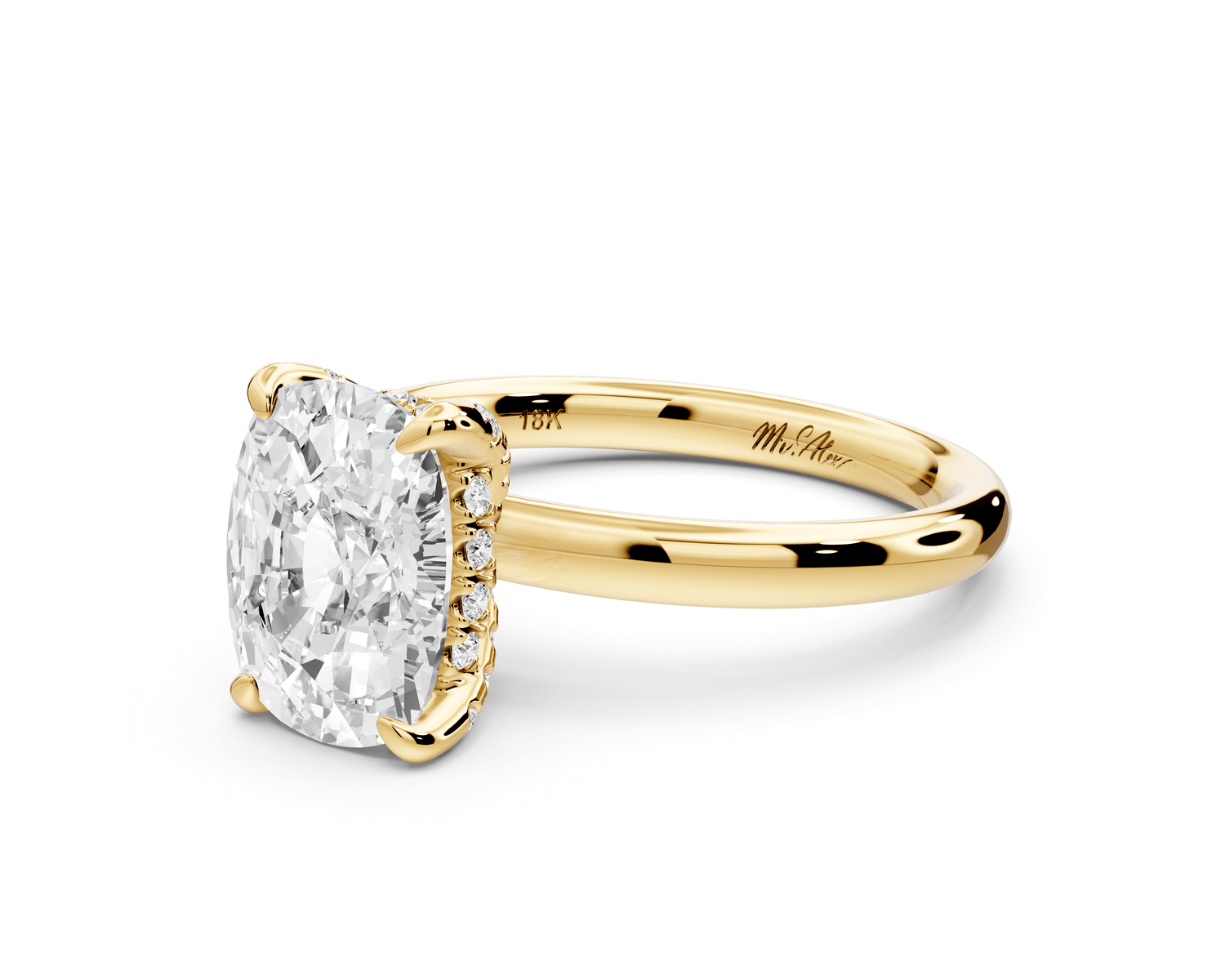 Shira - 3ct 18k yellow gold ecushion diamond with hidden halo and diamond crown talon prong solitaire engagement ring - Mr. Alex Jewelry