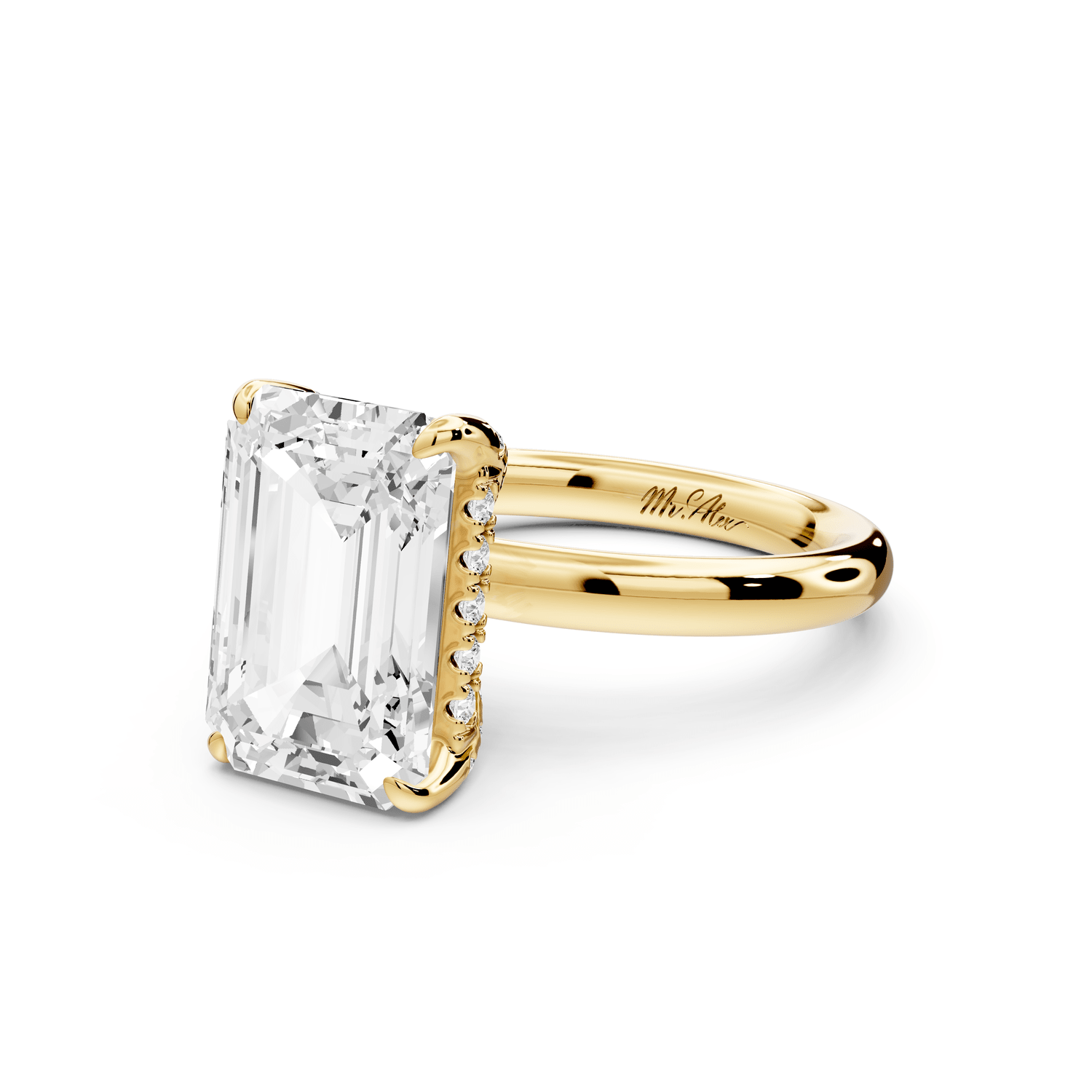 Shira - 3ct 18k yellow gold emerald diamond with hidden halo and diamond crown talon prong solitaire engagment ring - Mr. Alex Jewelry