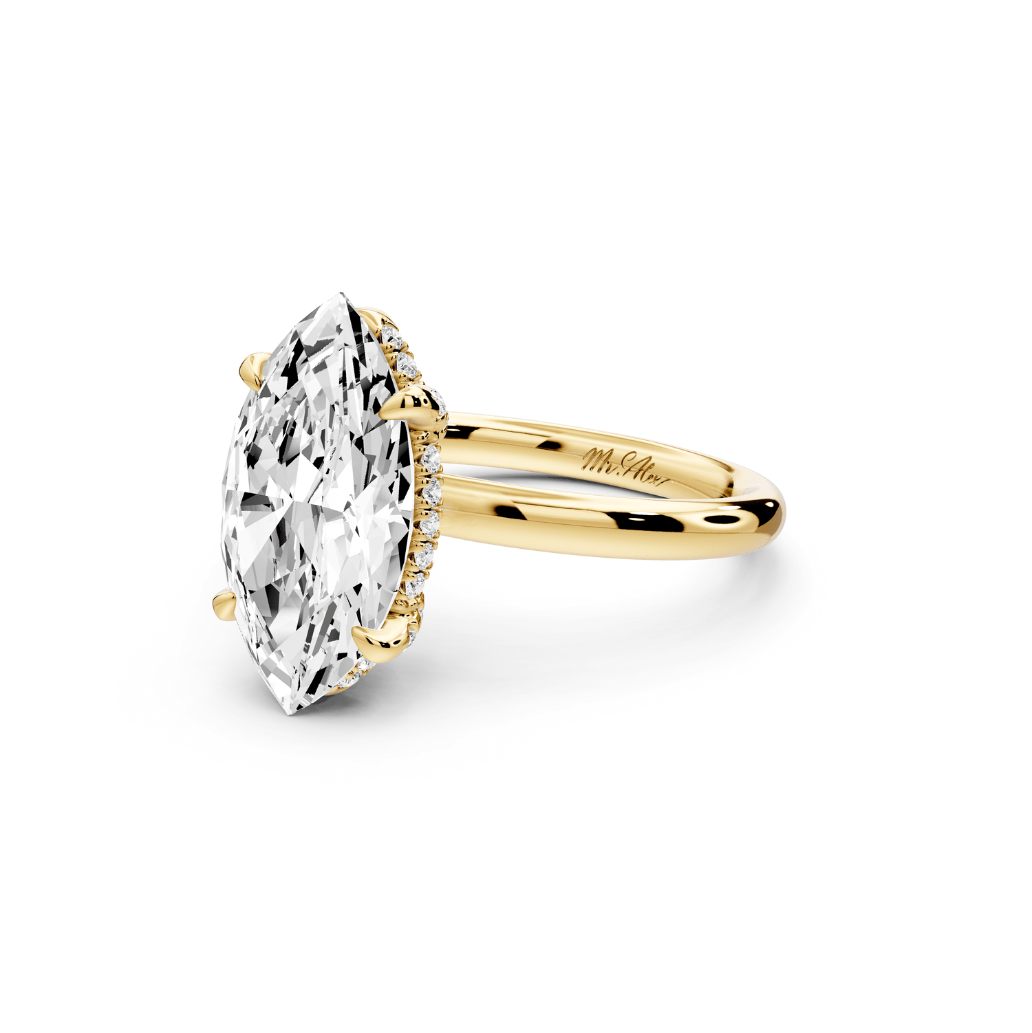 Shira - 3ct 18k yellow gold marquise diamond with hidden halo and diamond crown talon prong solitaire engagement ring - Mr. Alex Jewelry